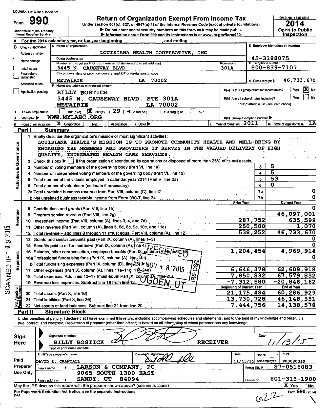 Image of first page of 2014 Form 990O for Louisiana Department of Insurance