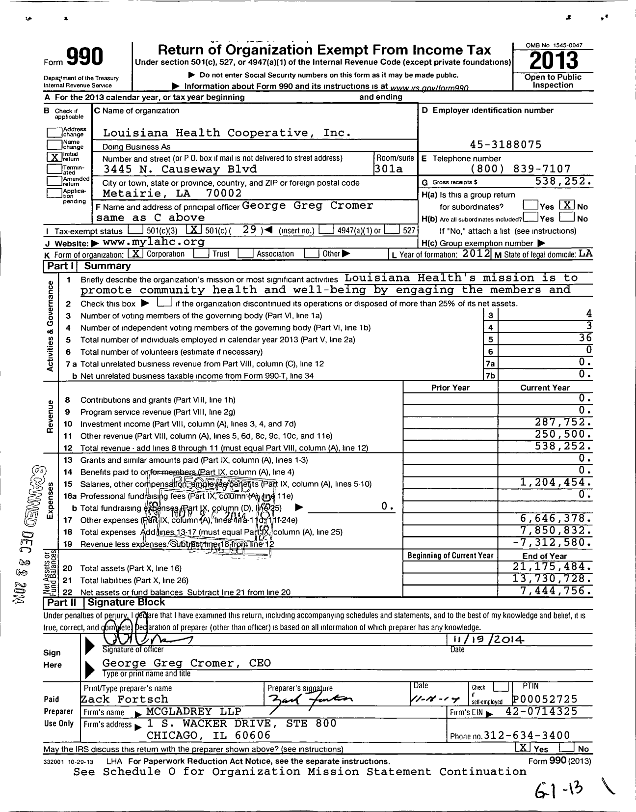 Image of first page of 2013 Form 990O for Louisiana Department of Insurance