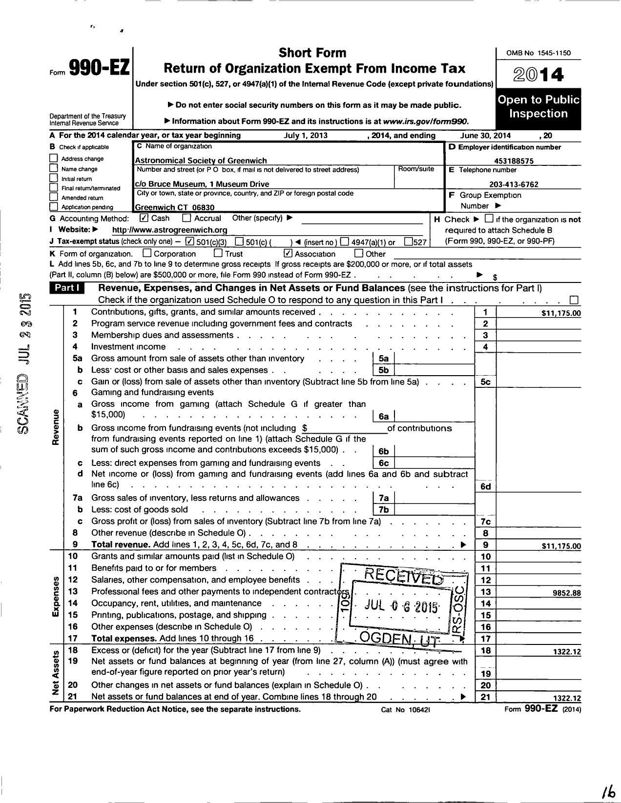 Image of first page of 2013 Form 990EZ for Astronomical Society of Greenwich