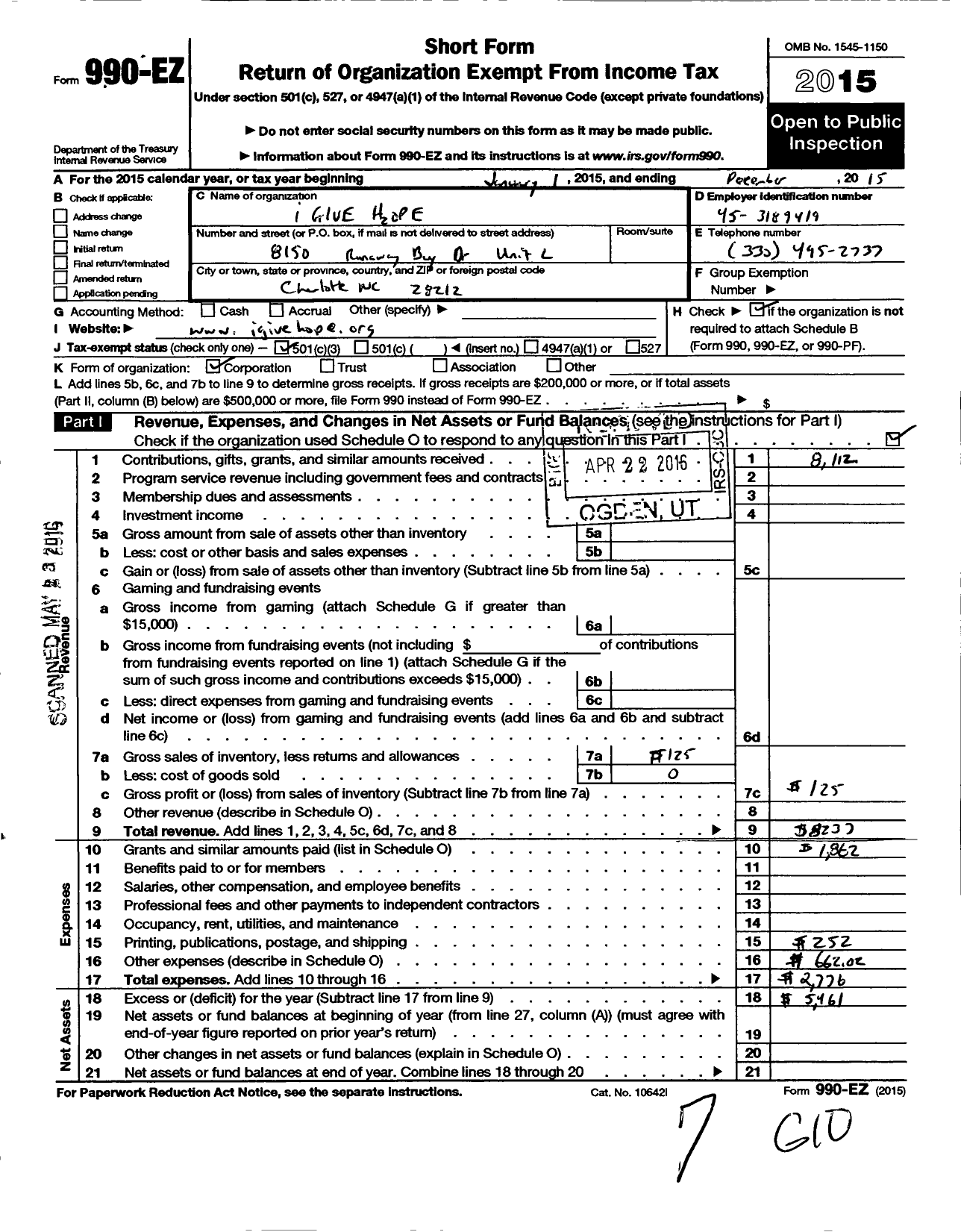 Image of first page of 2015 Form 990EZ for I Give H2ope