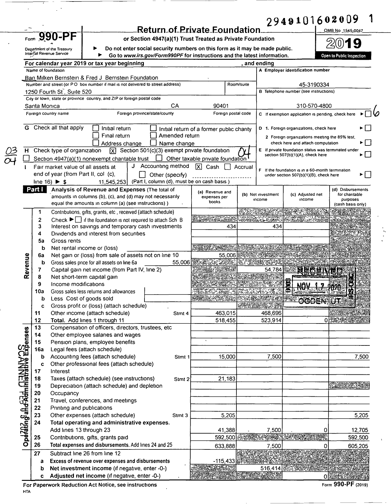 Image of first page of 2019 Form 990PF for Bari Milken Bernstein and Fred J Bernstein Foundation