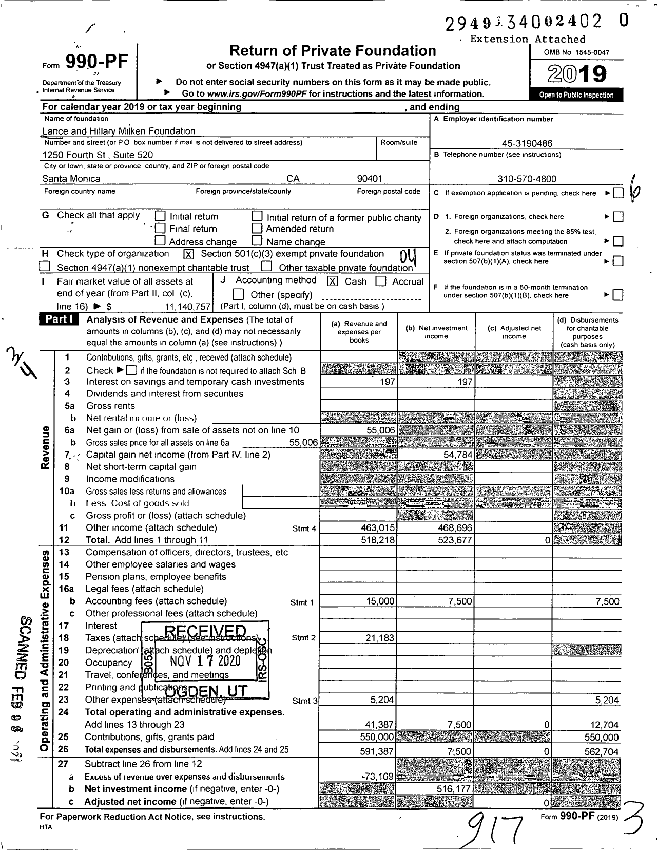 Image of first page of 2019 Form 990PF for Lance and Hillary Milken Foundation