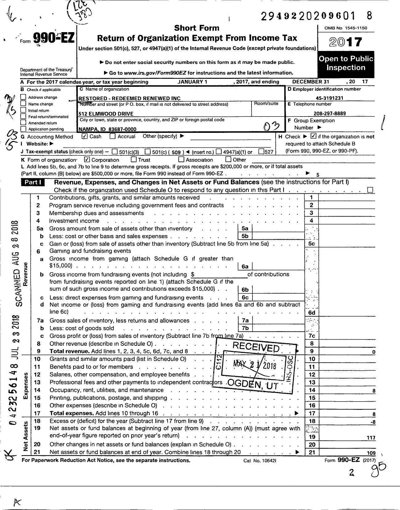 Image of first page of 2017 Form 990EZ for Restored Redeemed Renewed