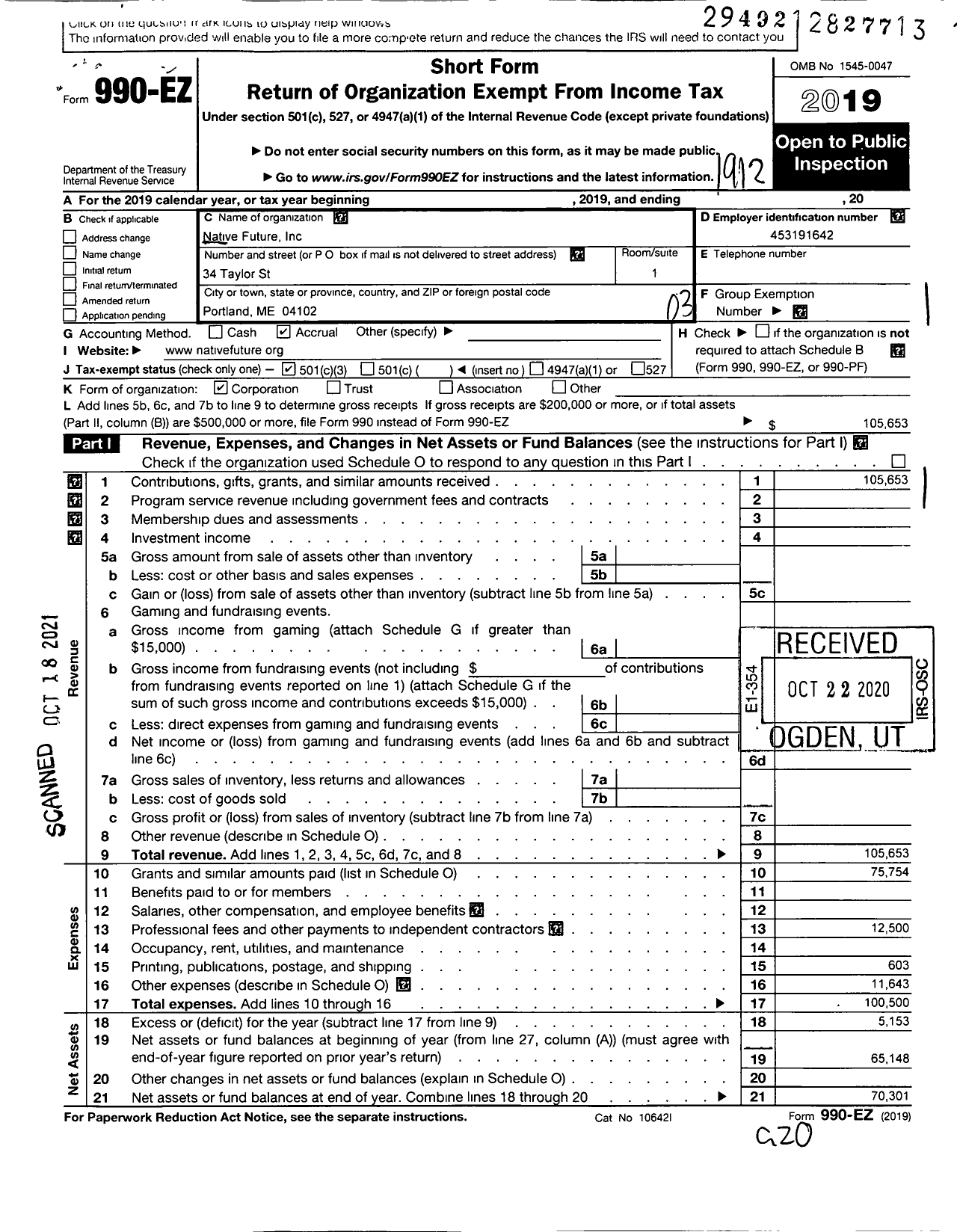 Image of first page of 2019 Form 990EZ for Native Future