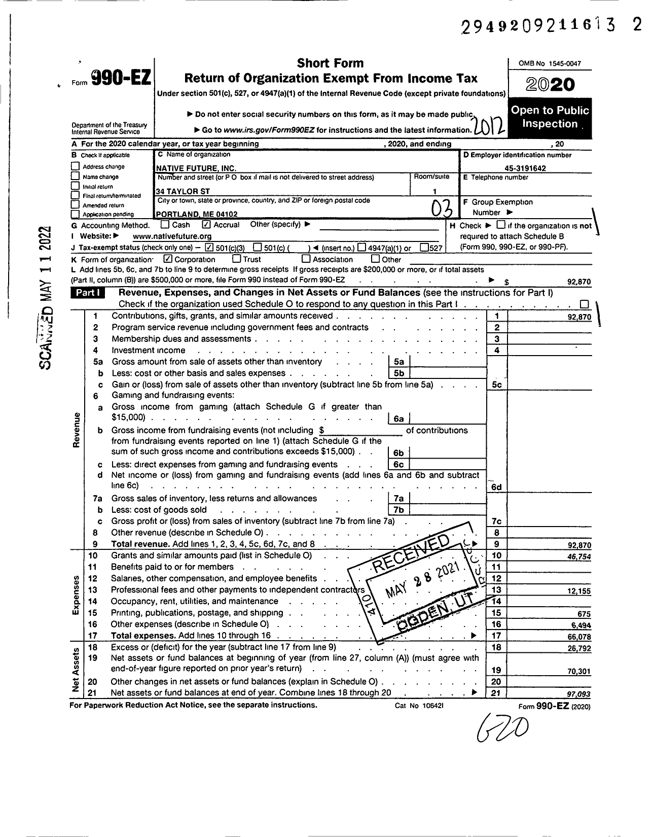 Image of first page of 2020 Form 990EZ for Native Future