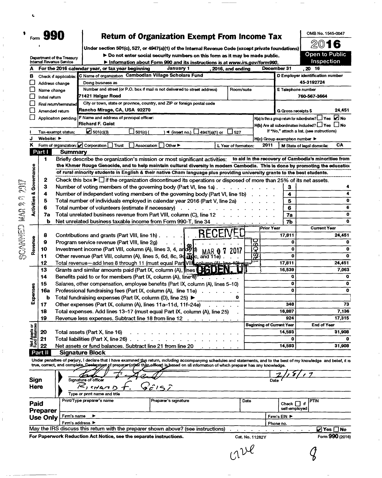 Image of first page of 2016 Form 990 for The Spring of Hope School