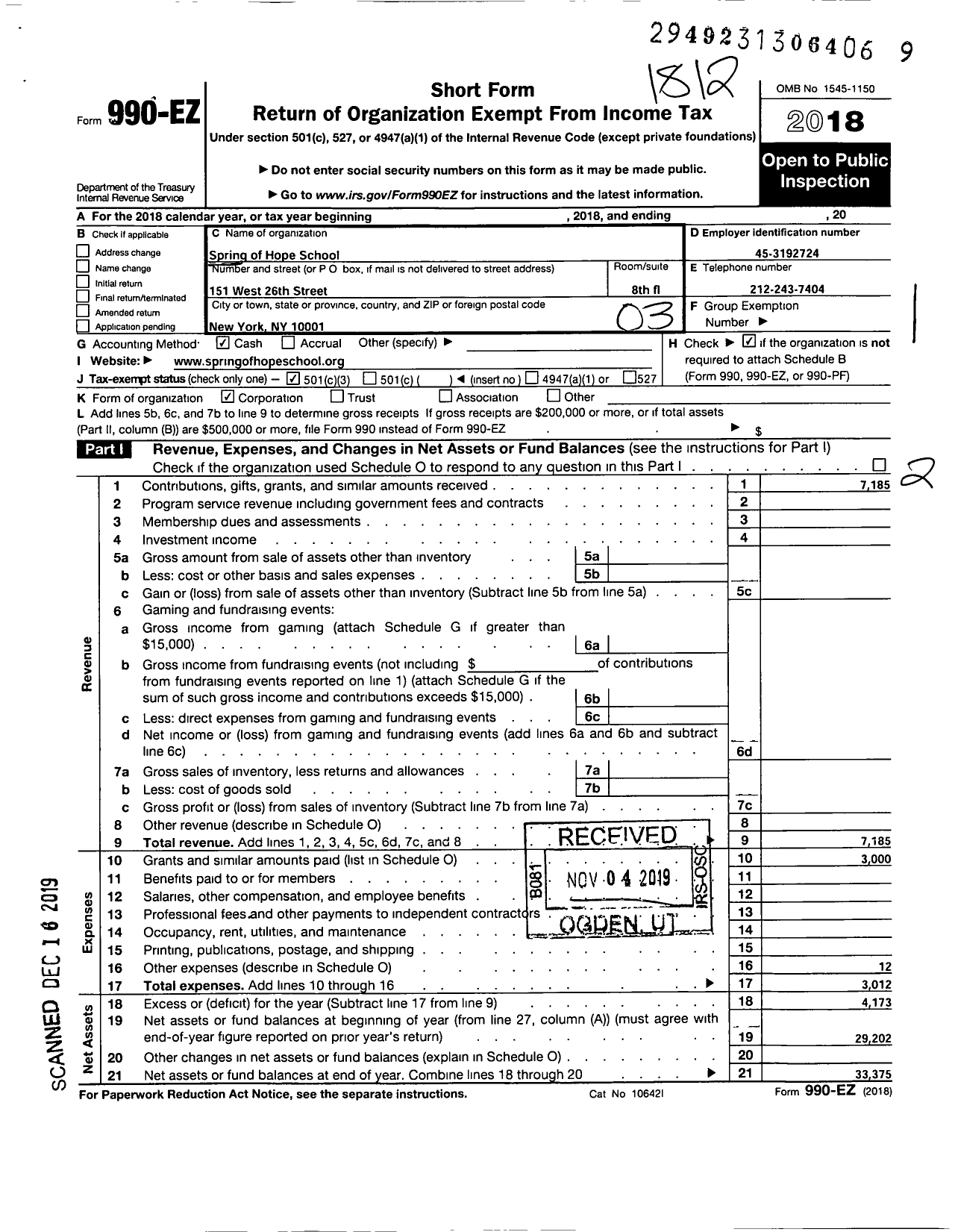 Image of first page of 2018 Form 990EZ for The Spring of Hope School