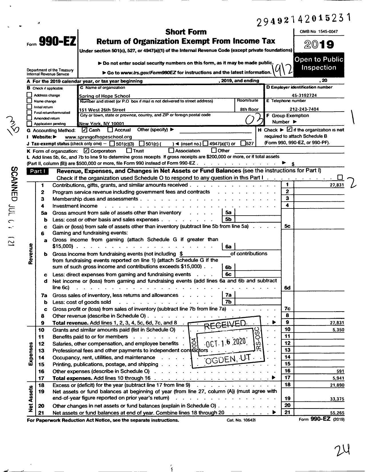 Image of first page of 2019 Form 990EZ for The Spring of Hope School