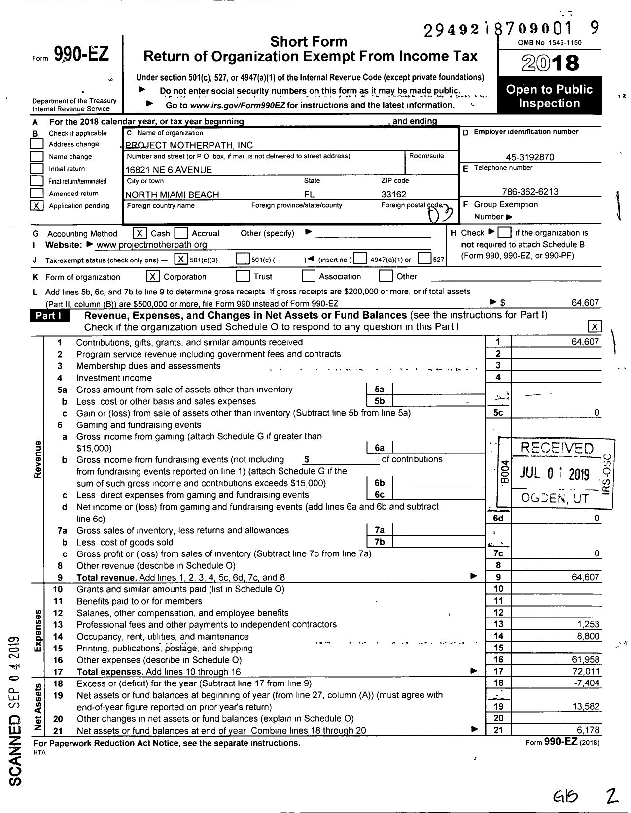 Image of first page of 2018 Form 990EZ for Project Motherpath