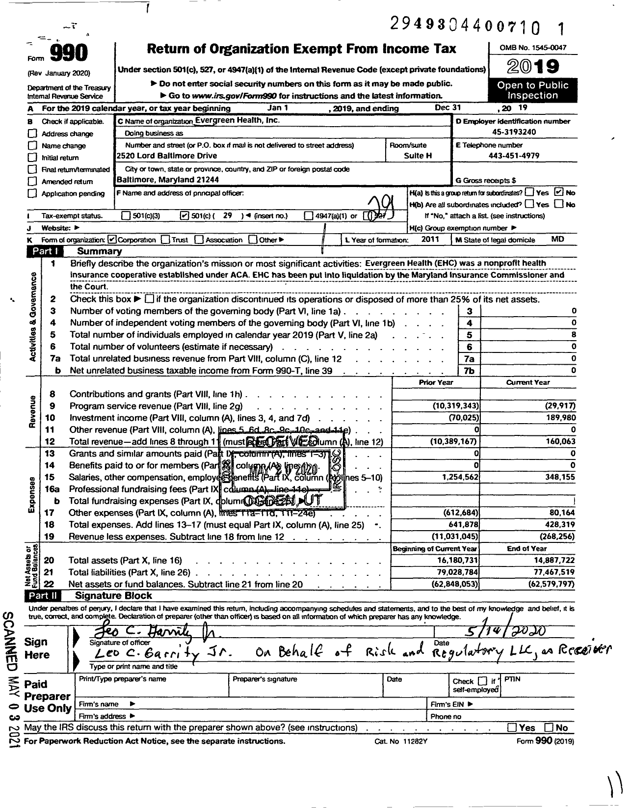 Image of first page of 2019 Form 990O for Evergreen Health Cooperative