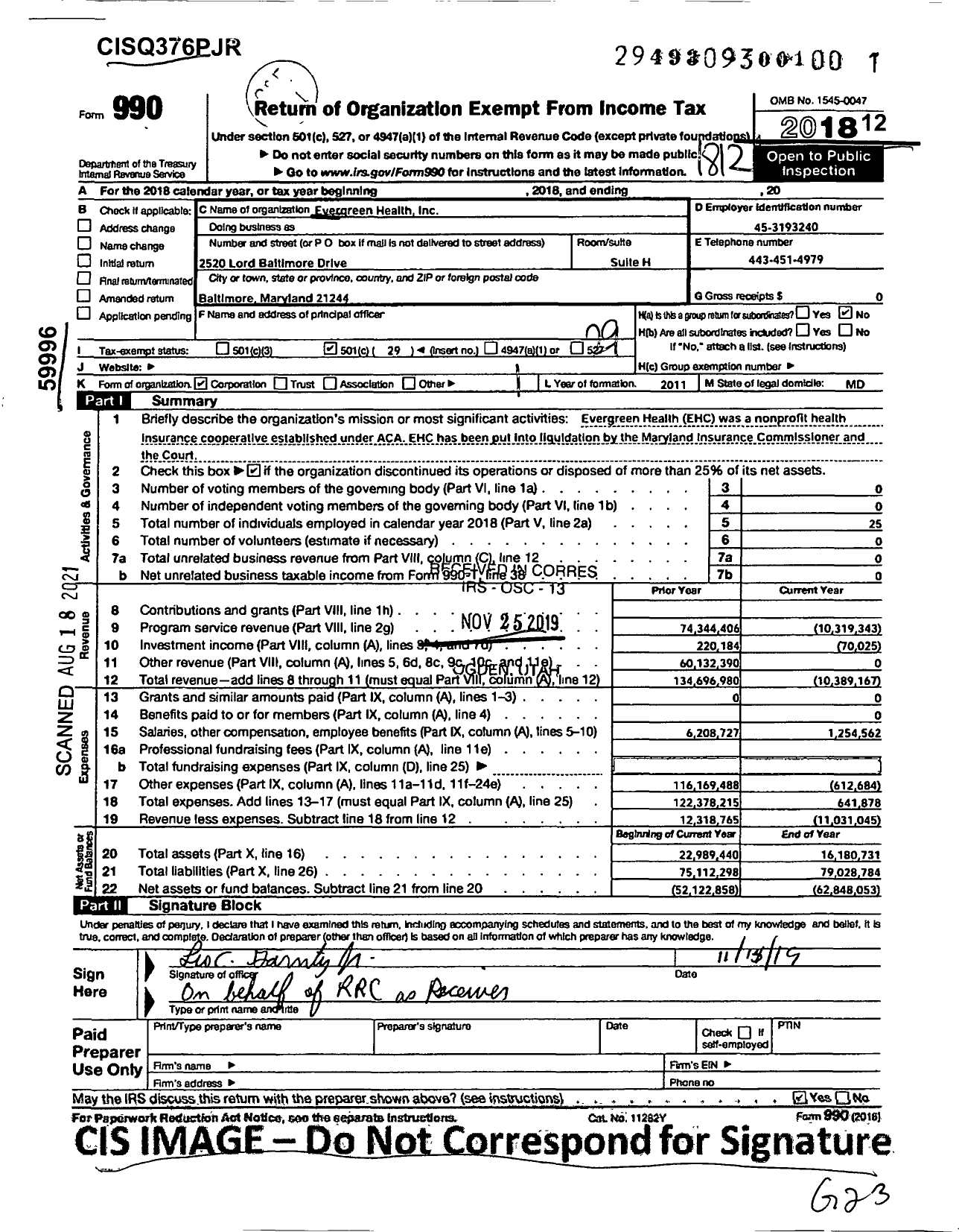 Image of first page of 2018 Form 990O for Evergreen Health Cooperative