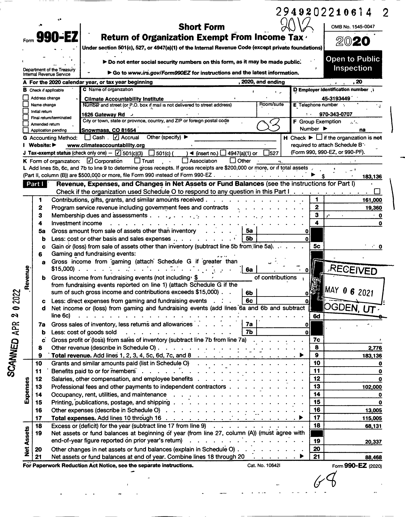 Image of first page of 2020 Form 990EZ for Climate Accountability Institute