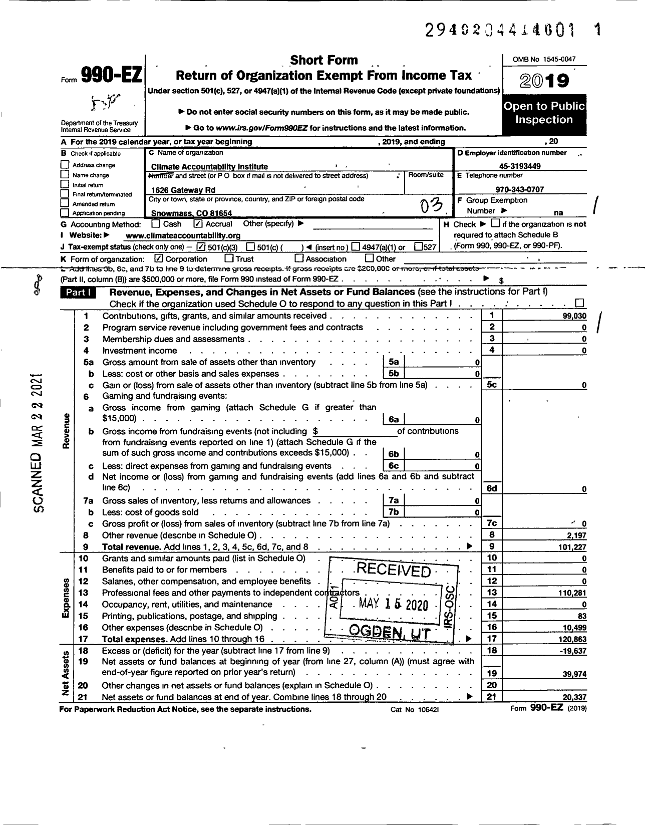 Image of first page of 2019 Form 990EZ for Climate Accountability Institute