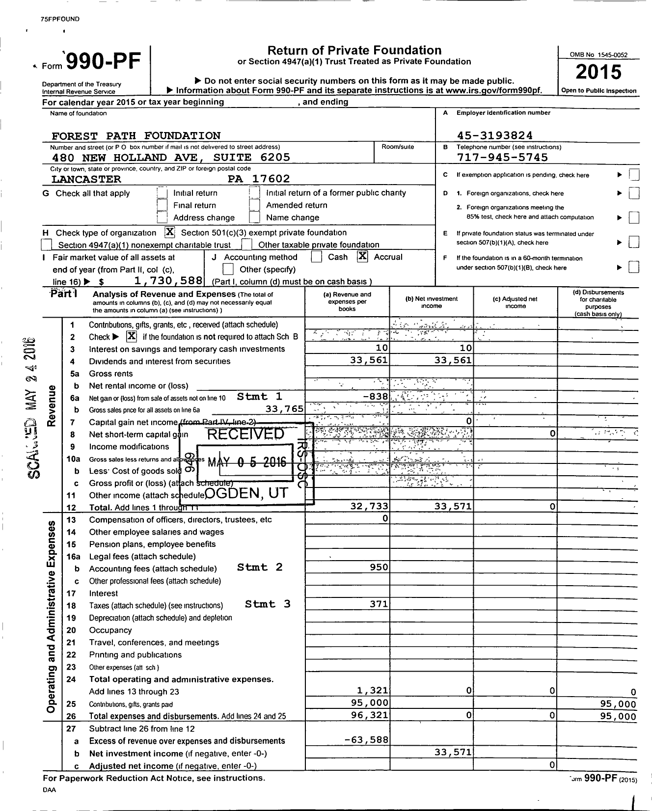 Image of first page of 2015 Form 990PF for Forest Path Foundation