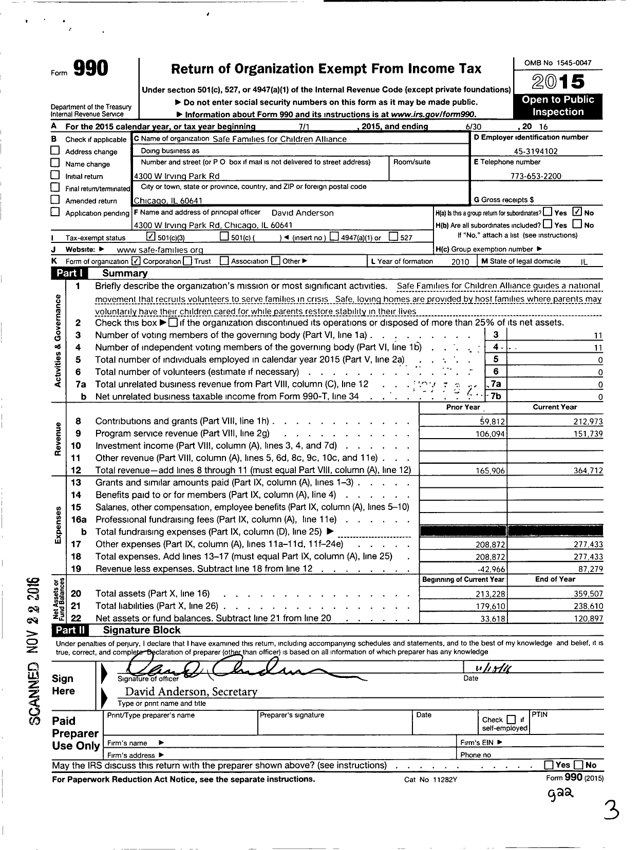 Image of first page of 2015 Form 990 for Safe Families for Children Alliance