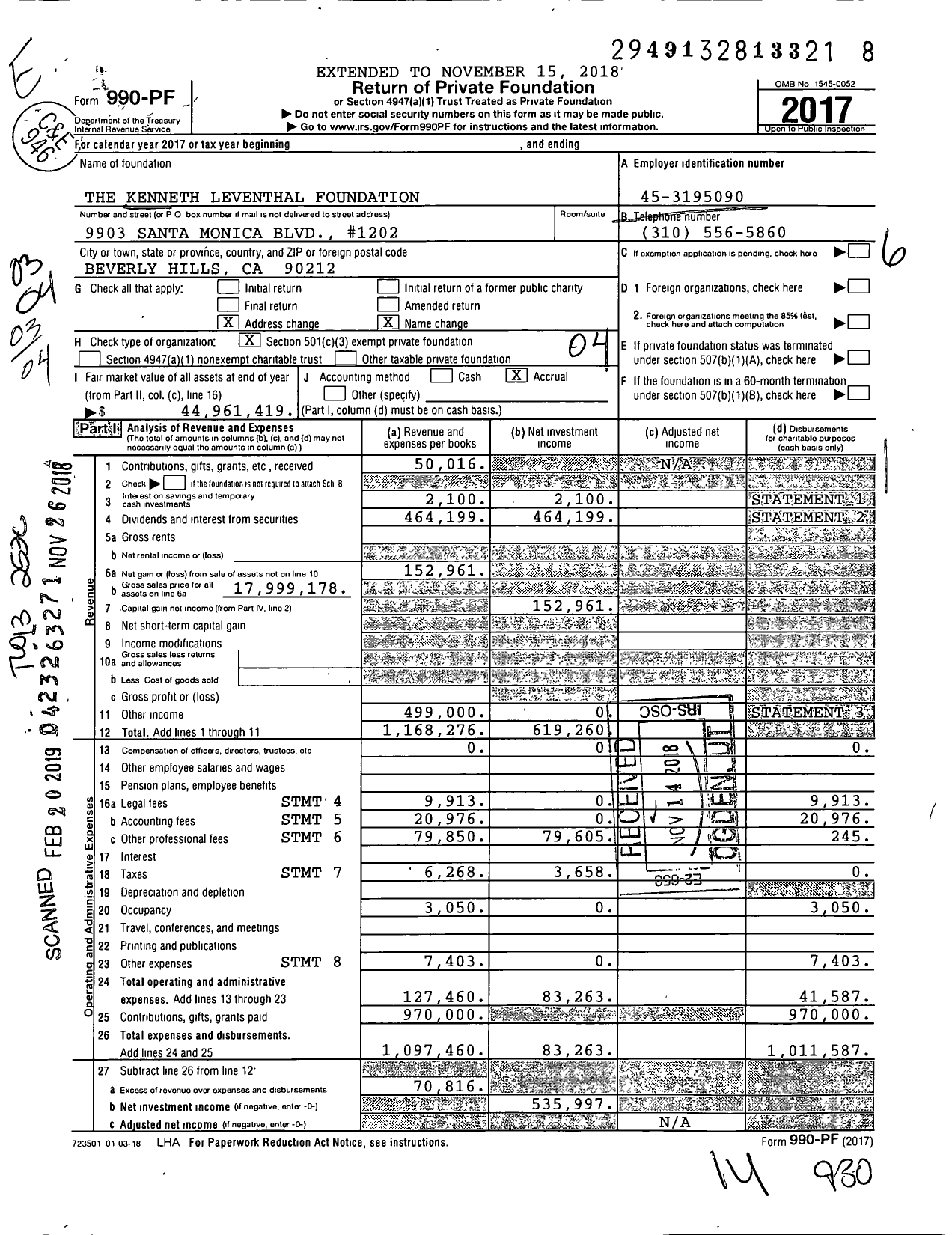 Image of first page of 2017 Form 990PF for The Kenneth Leventhal Foundation