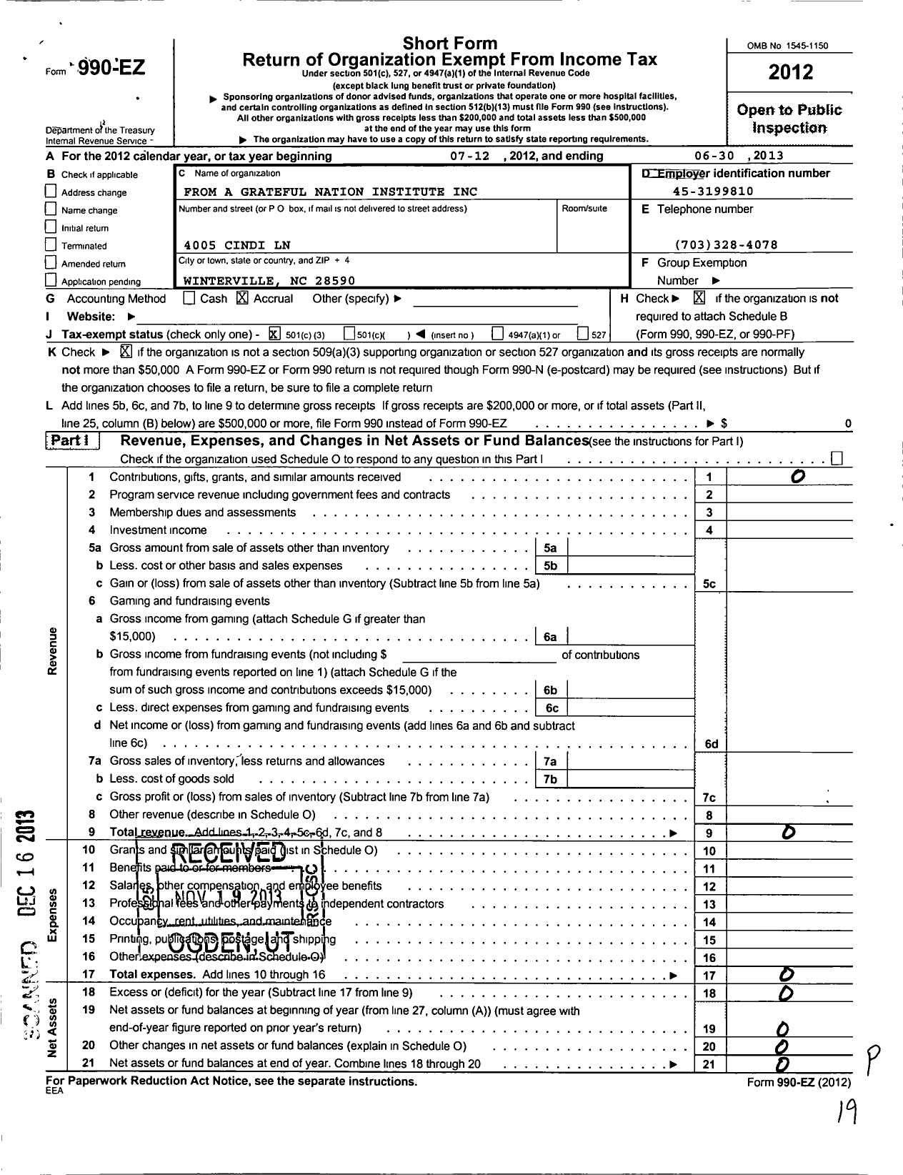 Image of first page of 2012 Form 990EZ for From A Grateful Nation Institute