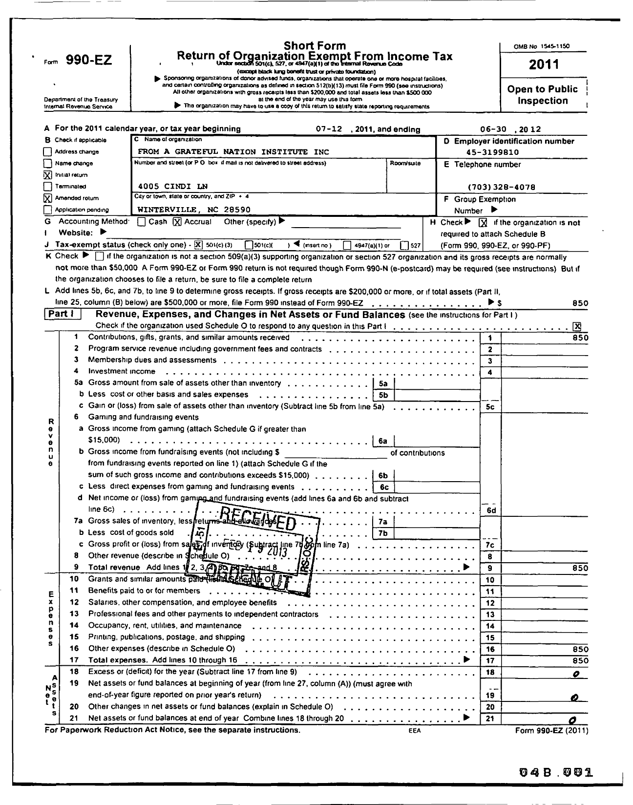 Image of first page of 2011 Form 990ER for From A Grateful Nation Institute