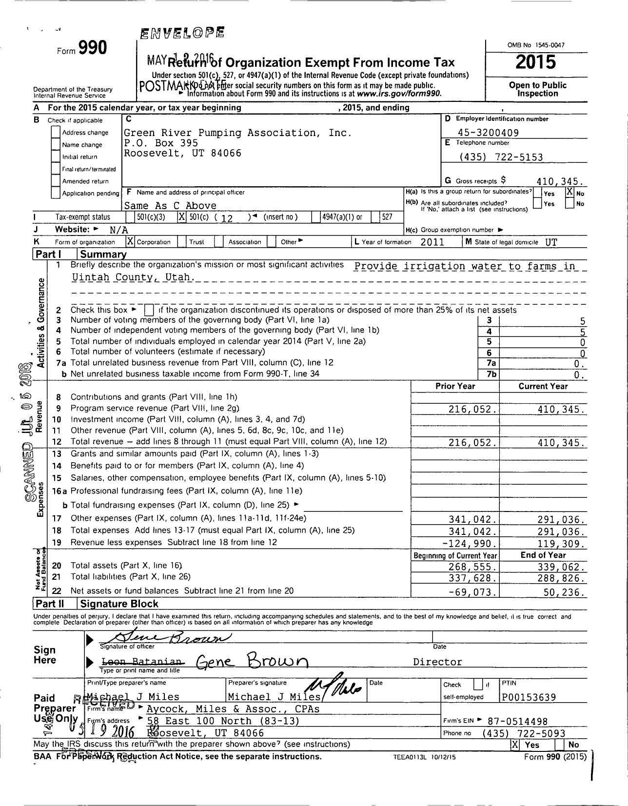 Image of first page of 2015 Form 990O for Green River Pumping Association