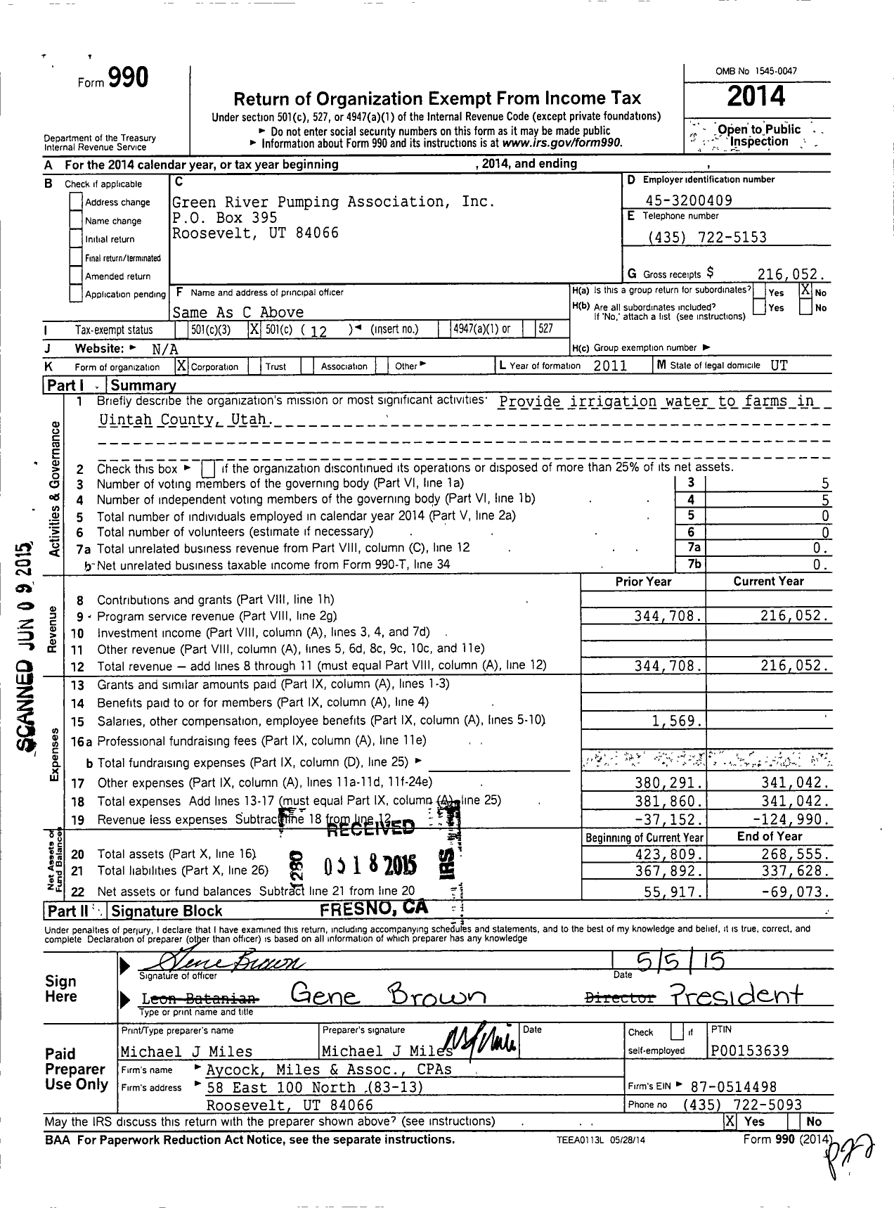 Image of first page of 2014 Form 990O for Green River Pumping Association