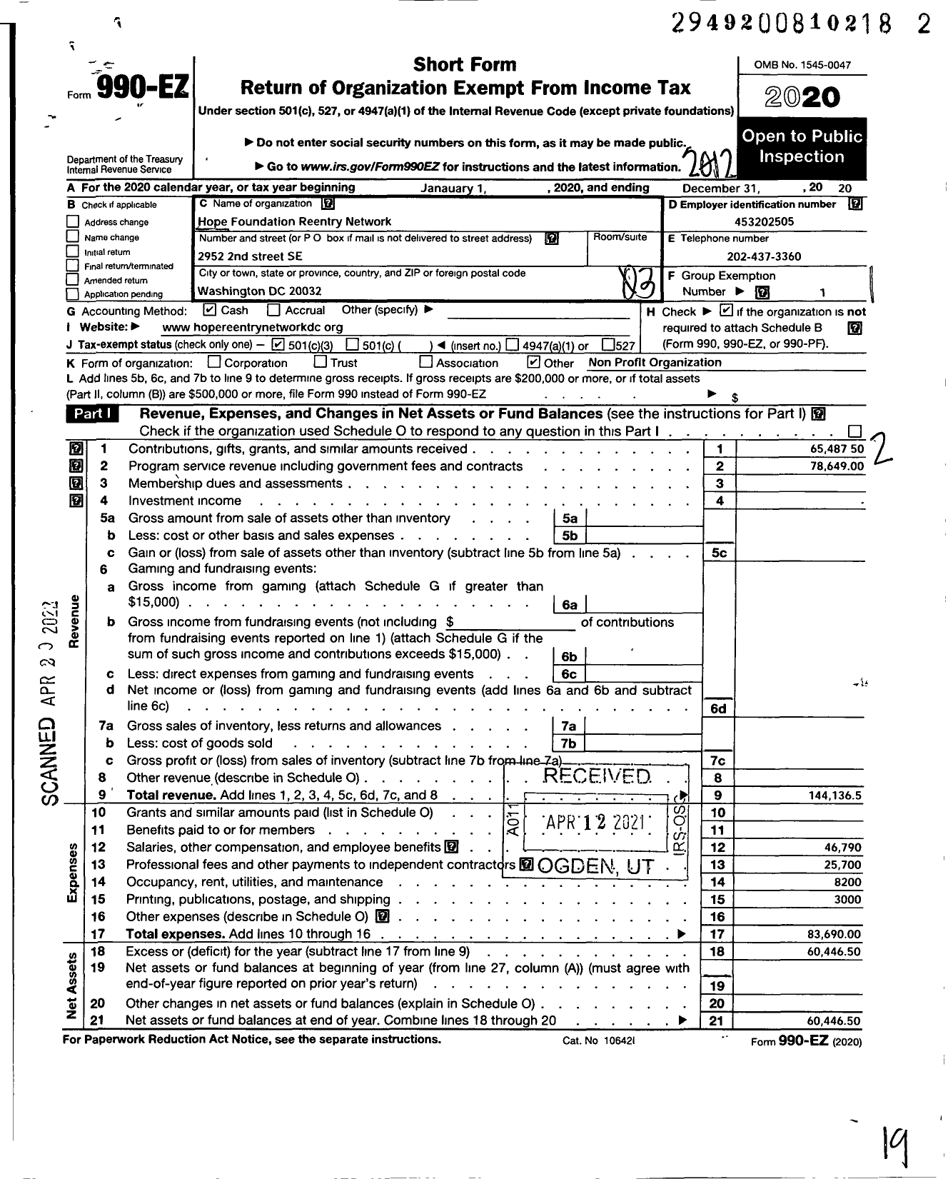 Image of first page of 2020 Form 990EZ for Hope Foundation Re-Entry Network