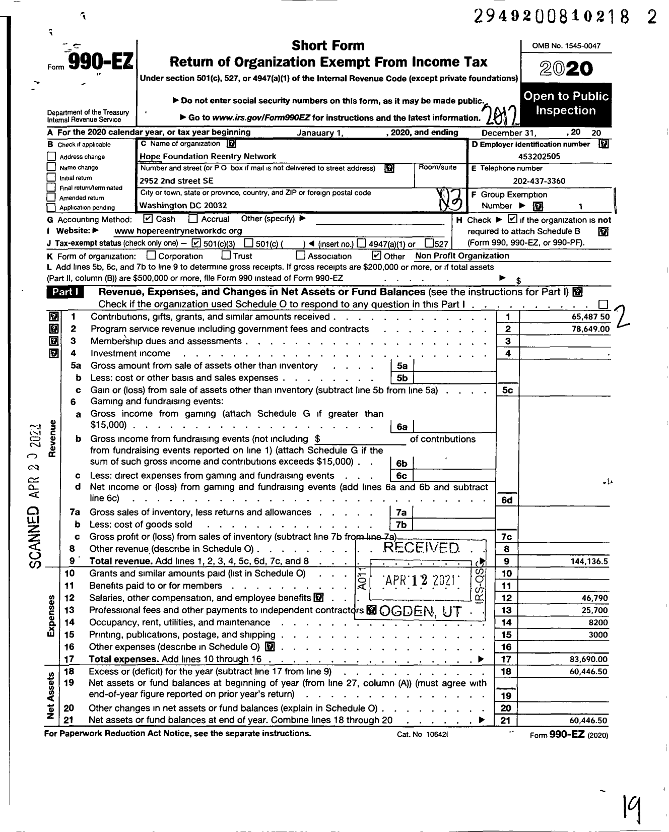 Image of first page of 2020 Form 990EZ for Hope Foundation Reentry Network