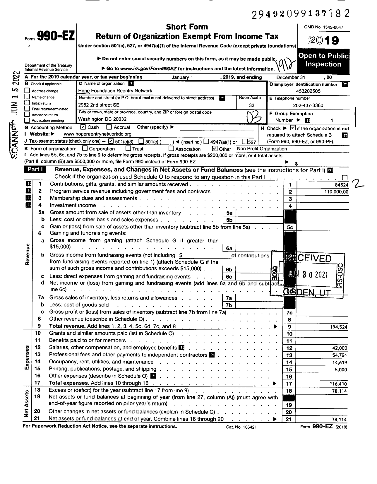 Image of first page of 2019 Form 990EZ for Hope Foundation Reentry Network