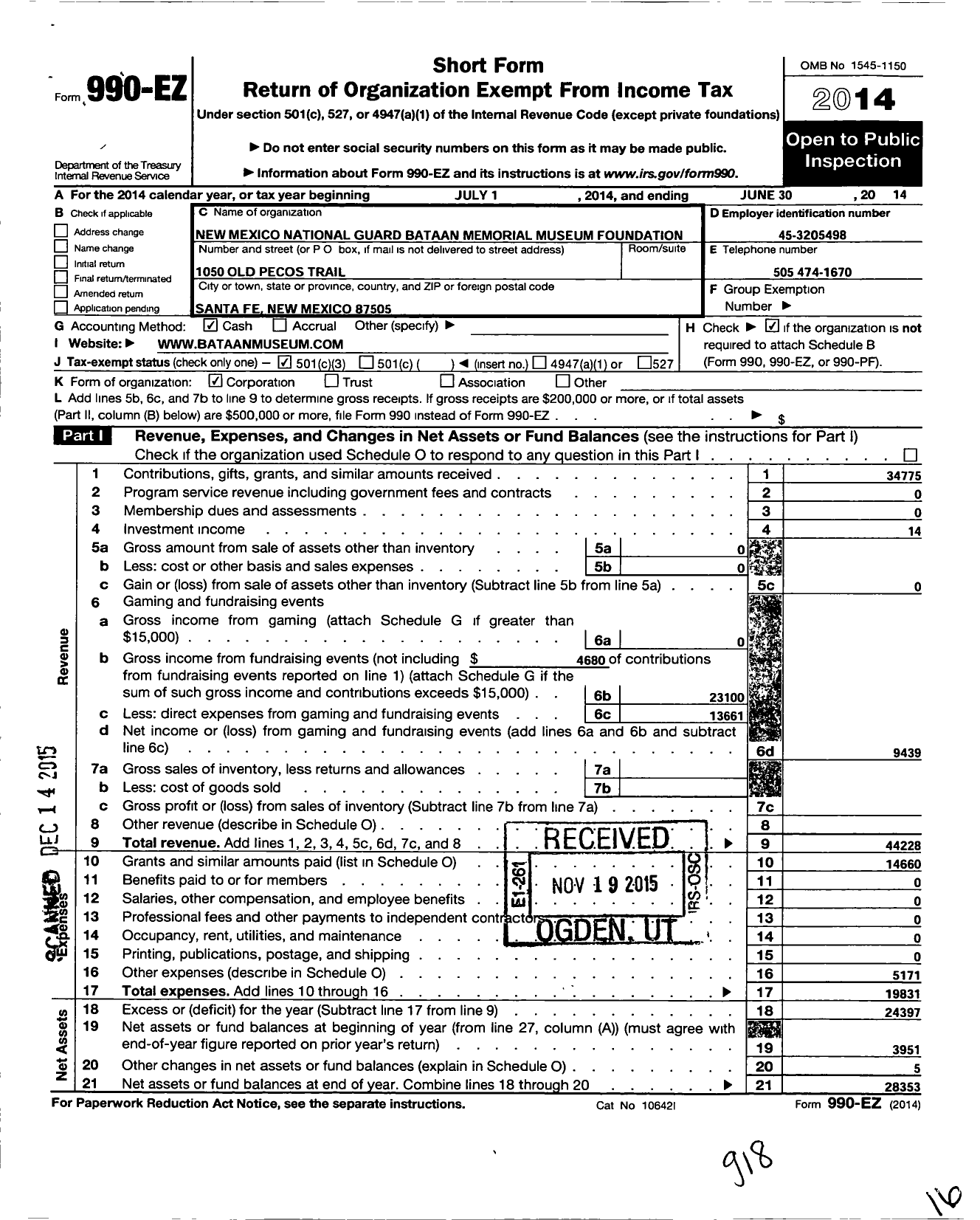 Image of first page of 2013 Form 990EZ for New Mexico Military Museum Foundation