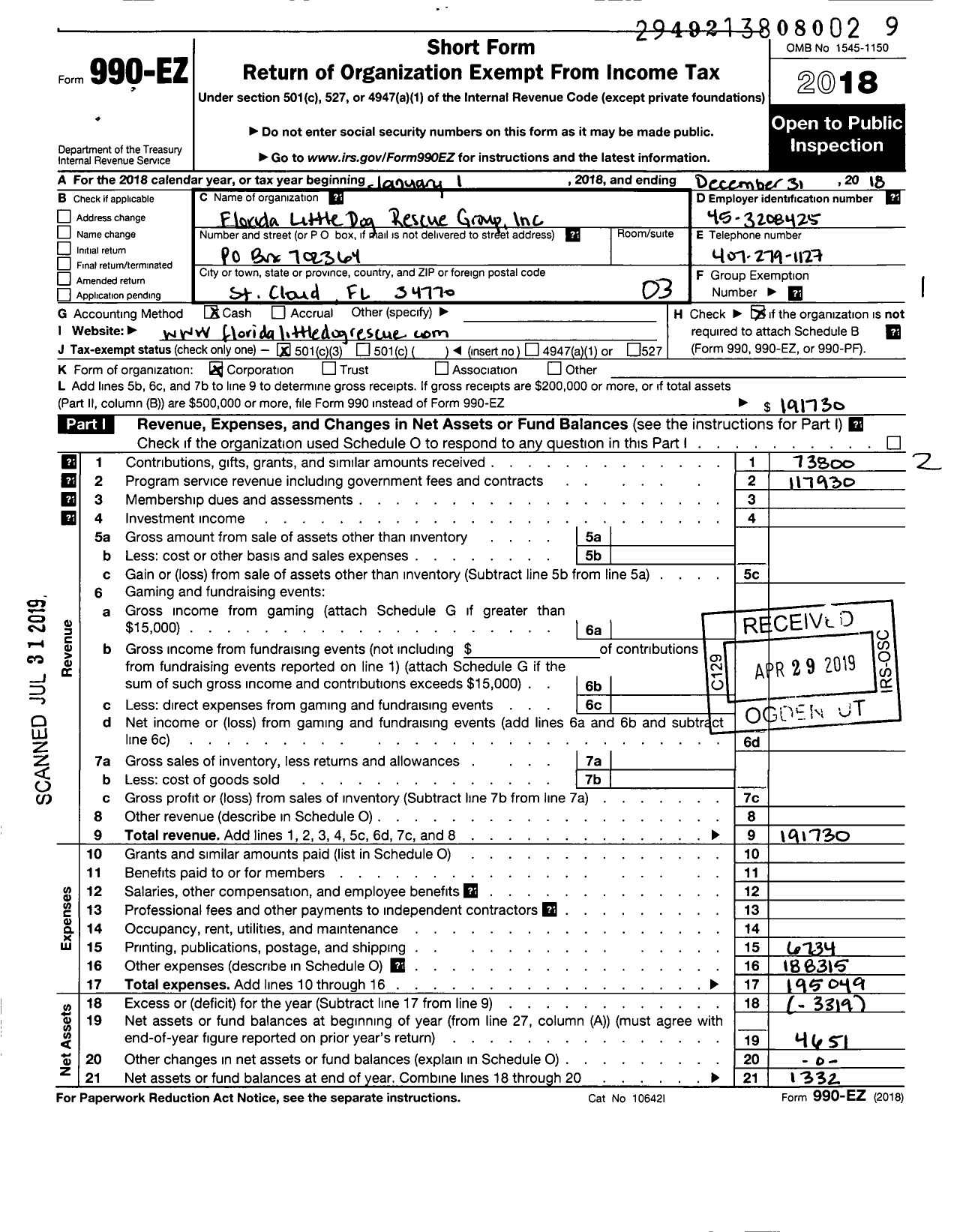 Image of first page of 2018 Form 990EZ for Florida Little Dog Rescue Group