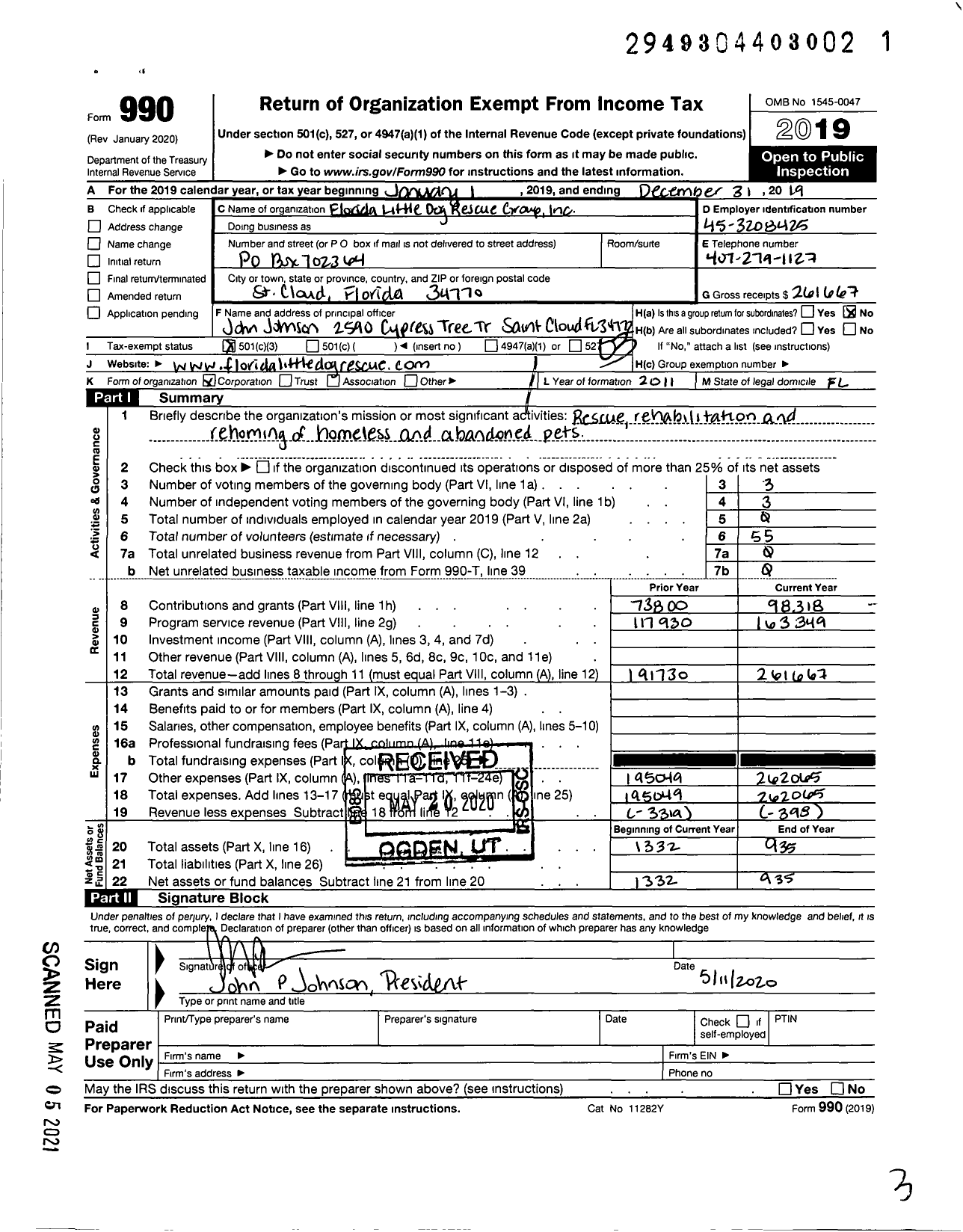 Image of first page of 2019 Form 990 for Florida Little Dog Rescue Group