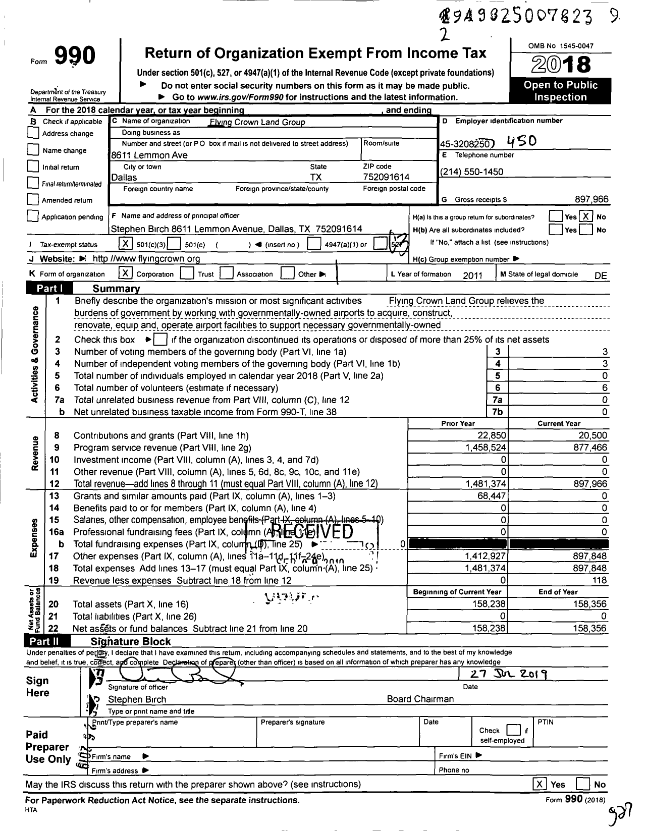 Image of first page of 2018 Form 990 for Flying Crown Land Group