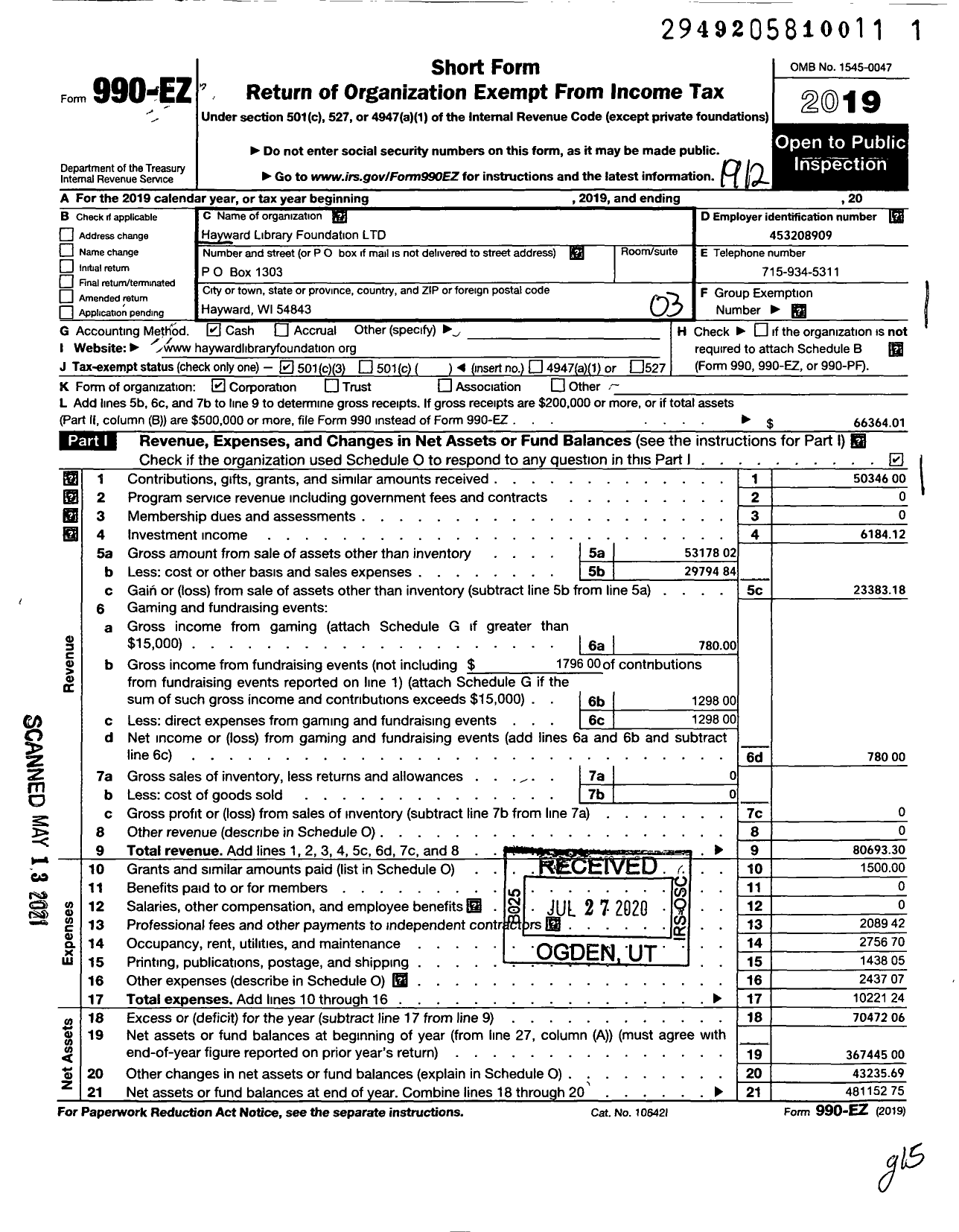 Image of first page of 2019 Form 990EZ for Hayward Library Foundation