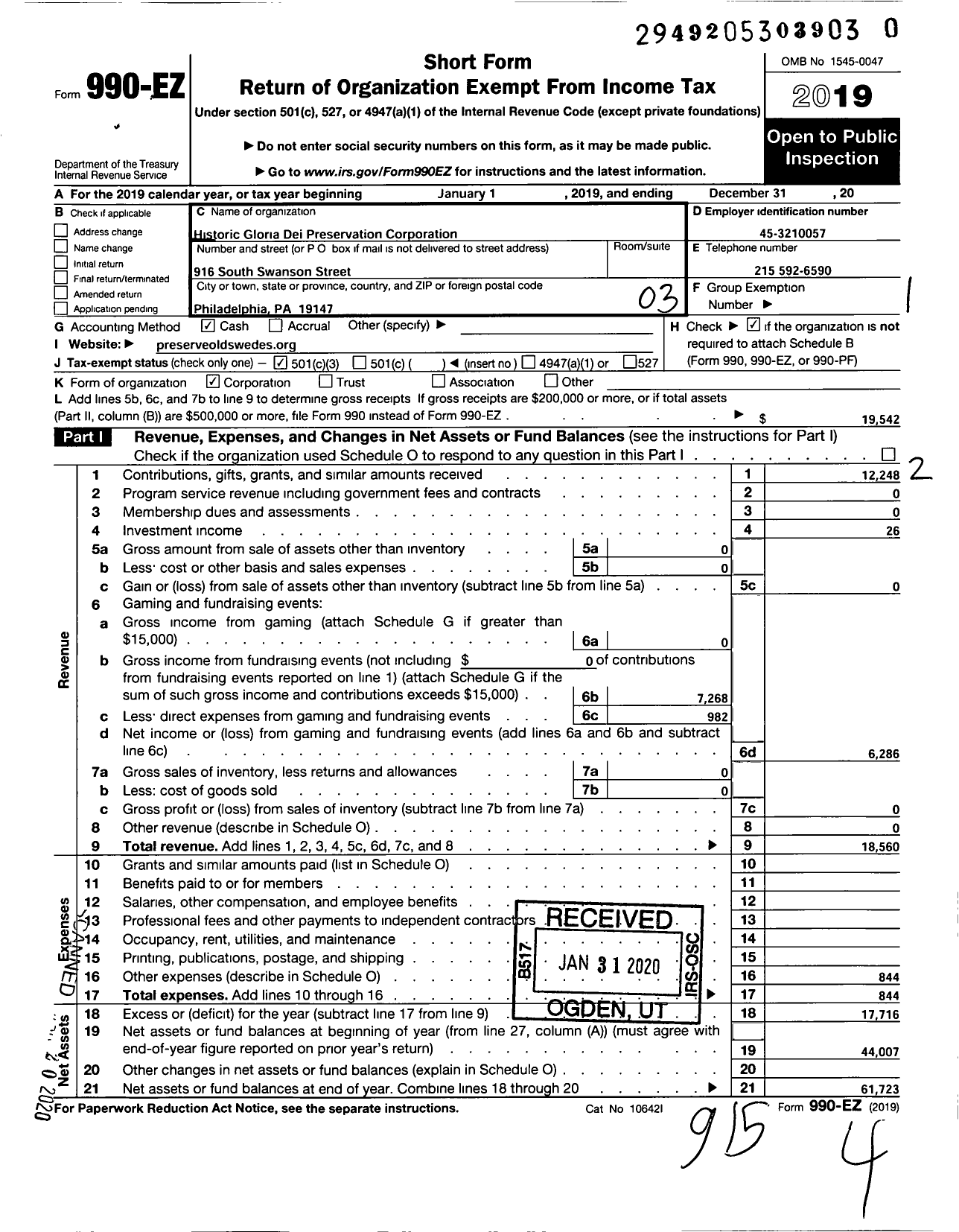 Image of first page of 2019 Form 990EZ for Historic Gloria Dei Preservation Corporation