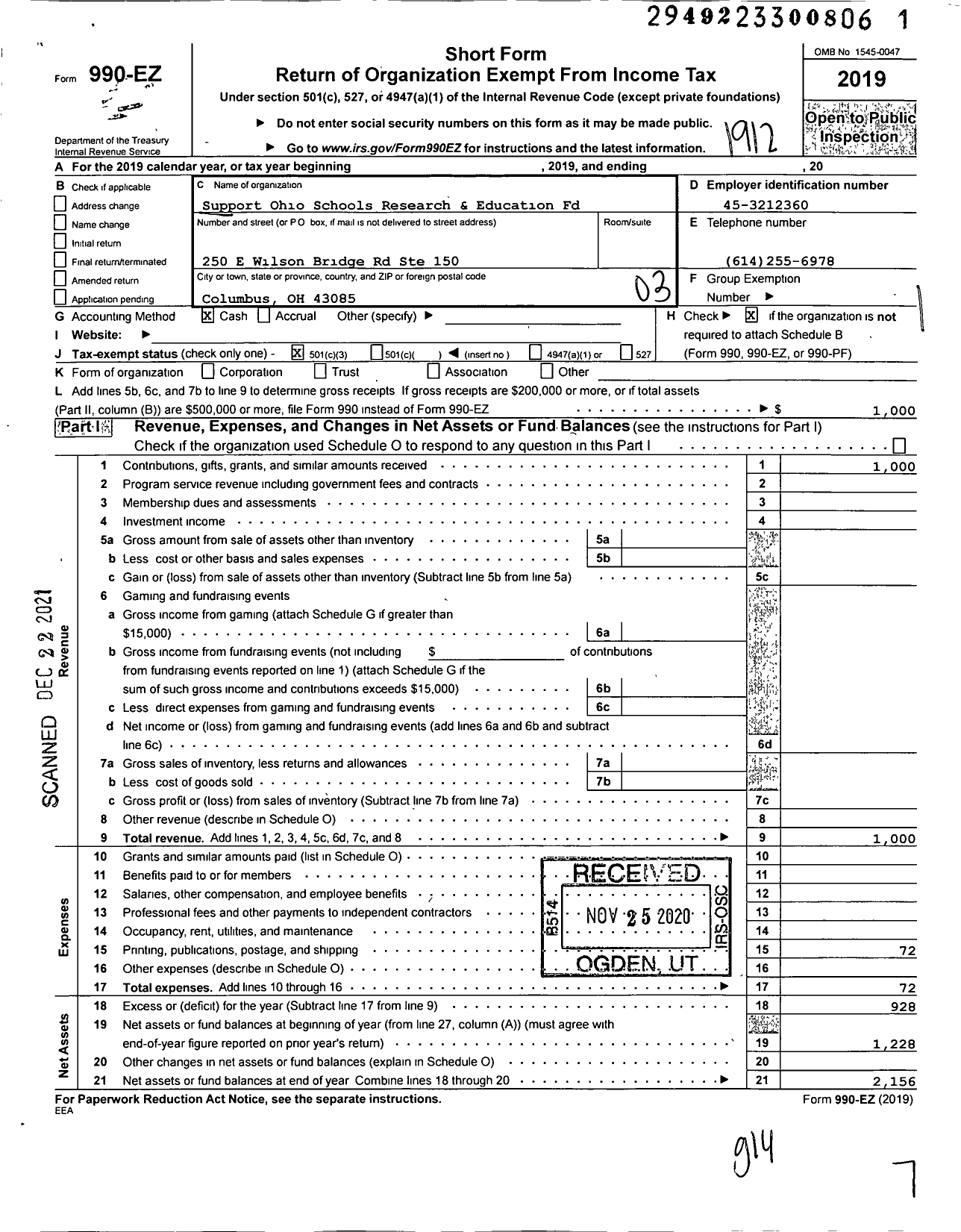 Image of first page of 2019 Form 990EZ for Support Ohio Schools Research and Education Foundation