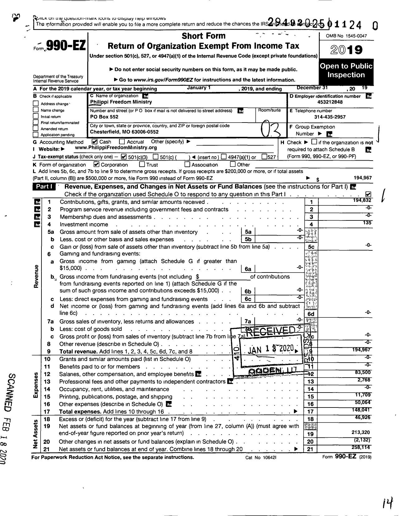 Image of first page of 2019 Form 990EZ for Philippi Freedom Ministry