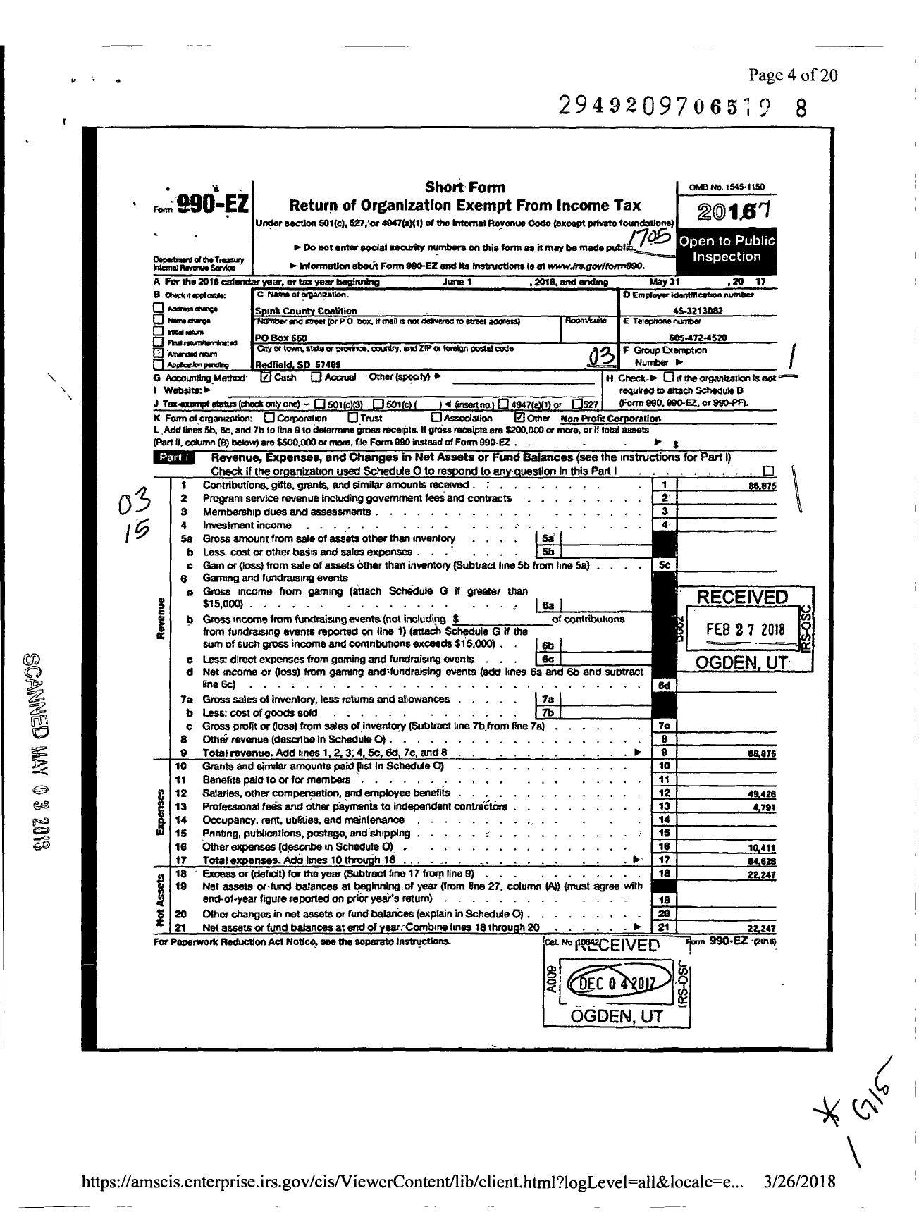 Image of first page of 2016 Form 990EZ for Spink County Coalition