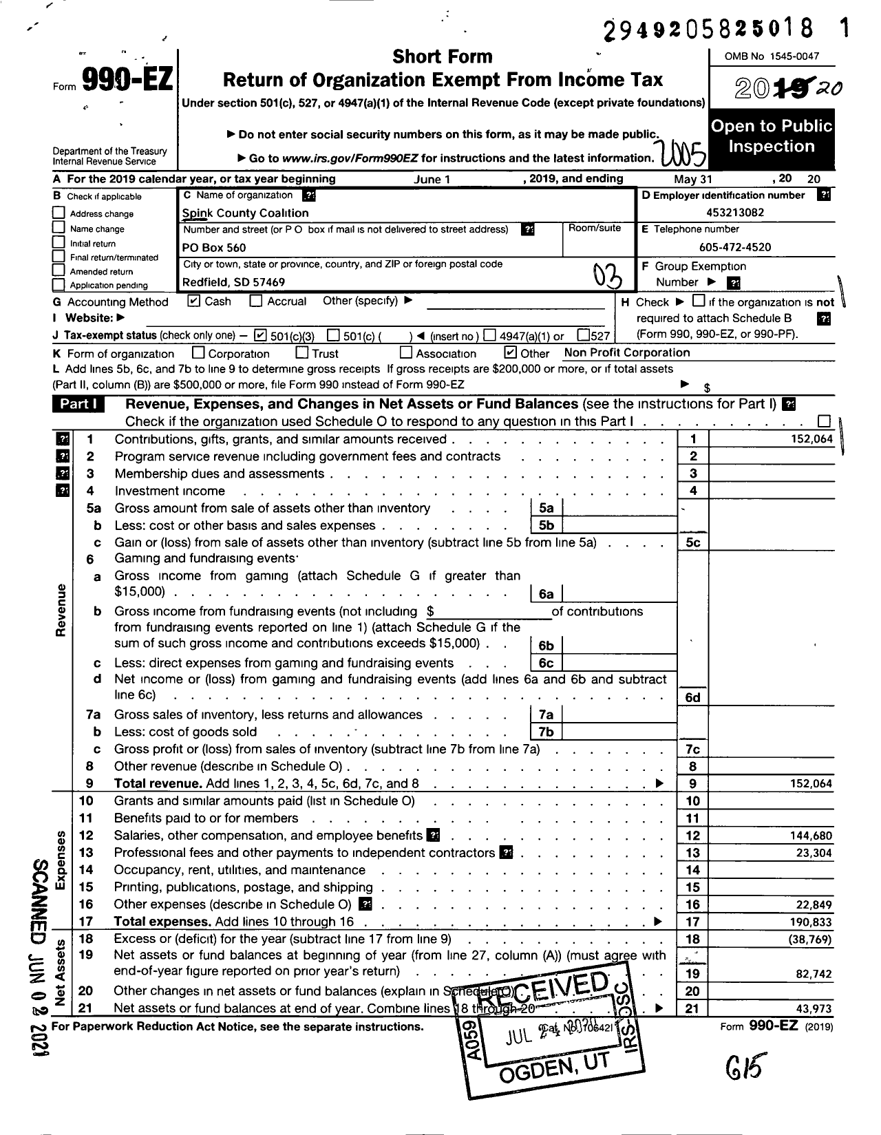 Image of first page of 2019 Form 990EZ for Spink County Coalition