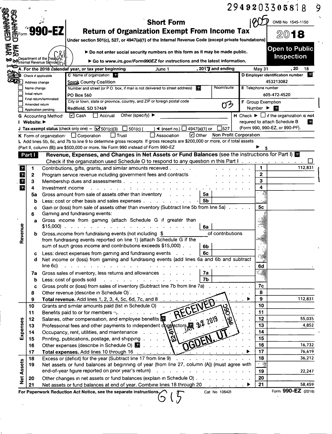 Image of first page of 2017 Form 990EZ for Spink County Coalition