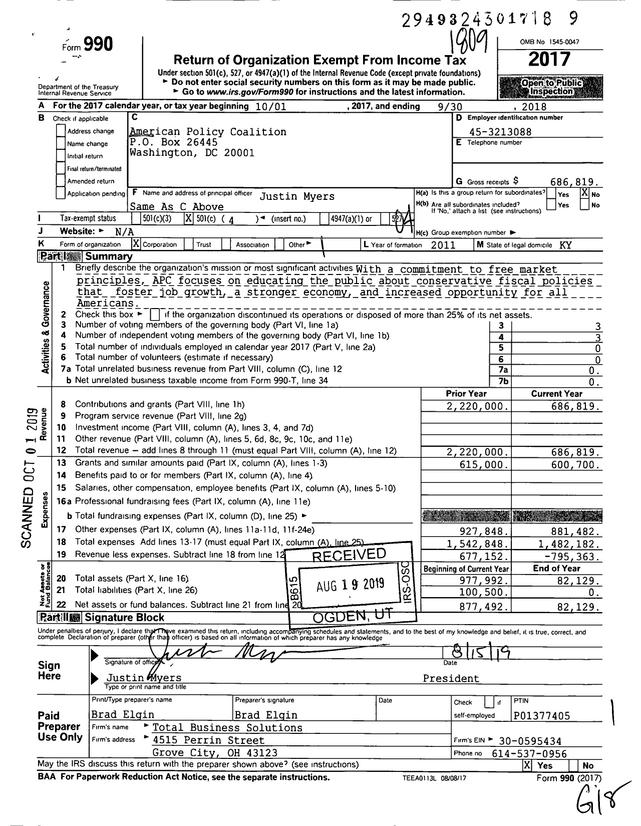 Image of first page of 2017 Form 990O for American Policy Coalition