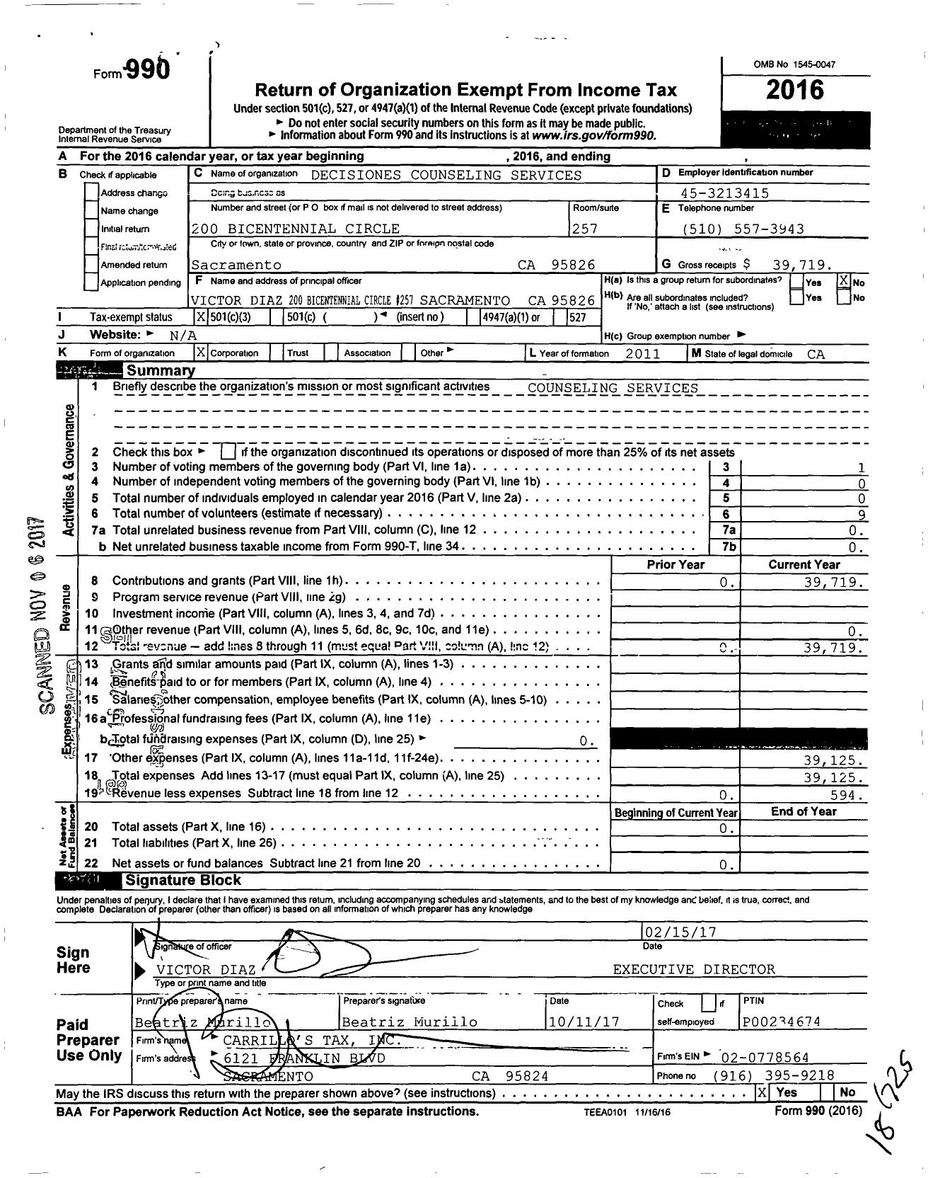 Image of first page of 2016 Form 990 for Decisiones Counseling Services