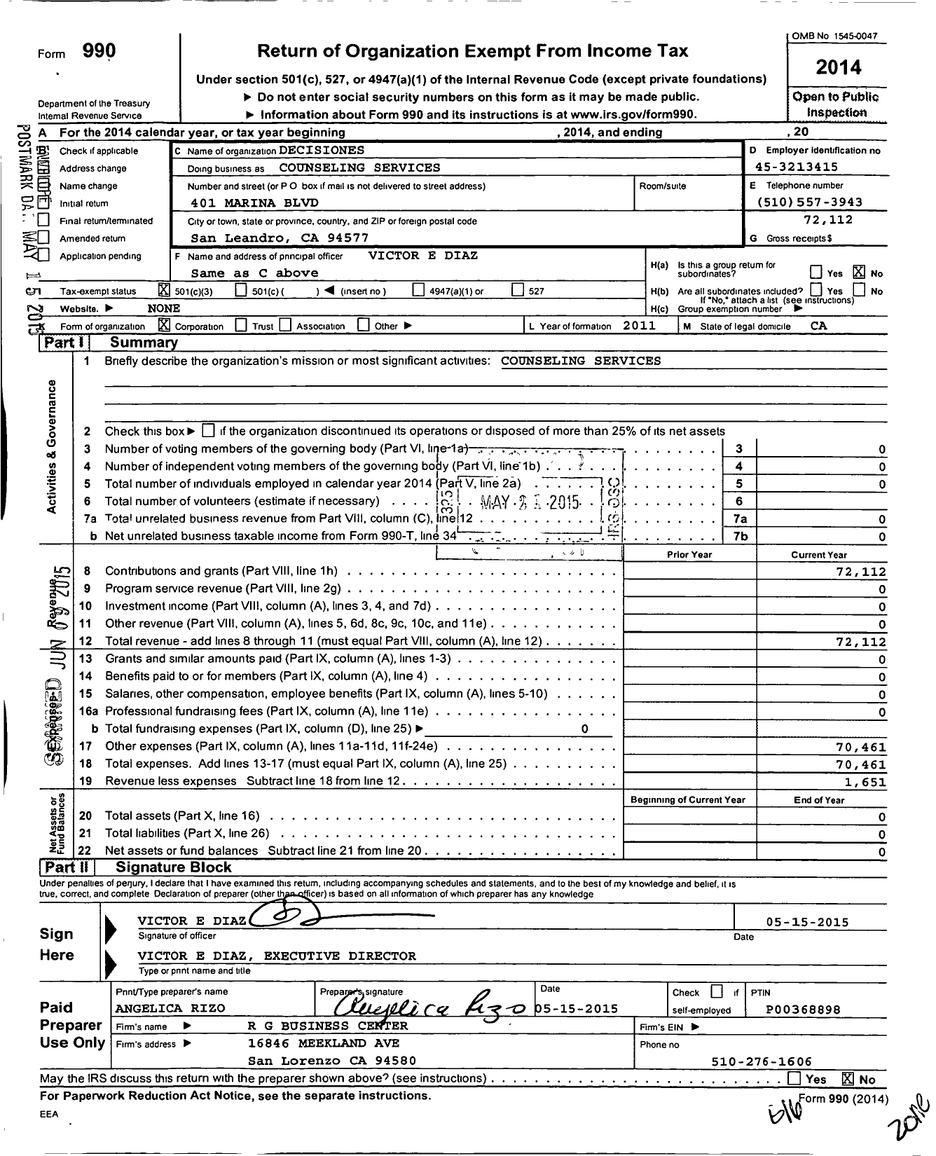 Image of first page of 2014 Form 990 for Decisiones Counseling Services