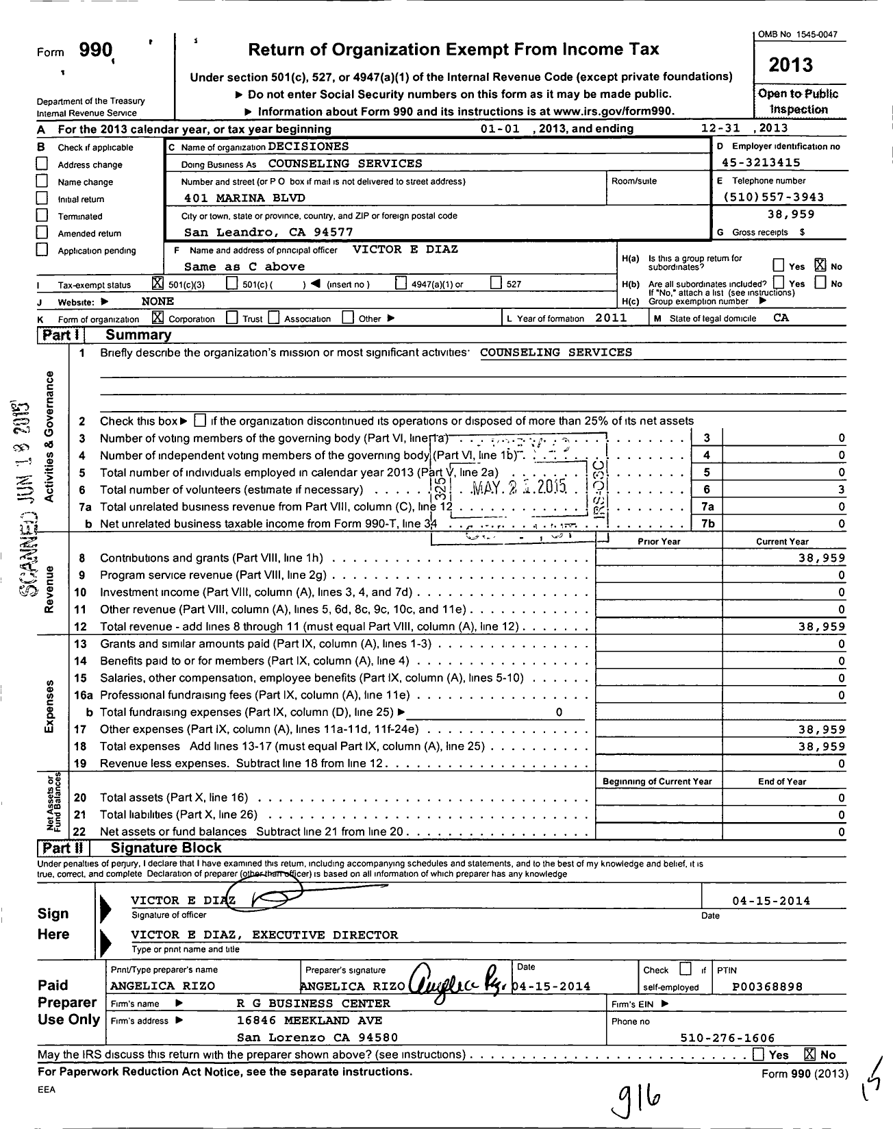 Image of first page of 2013 Form 990 for Decisiones Counseling Services