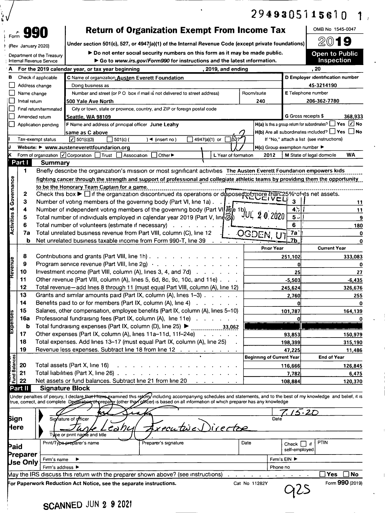 Image of first page of 2019 Form 990 for Austen Everett Foundation