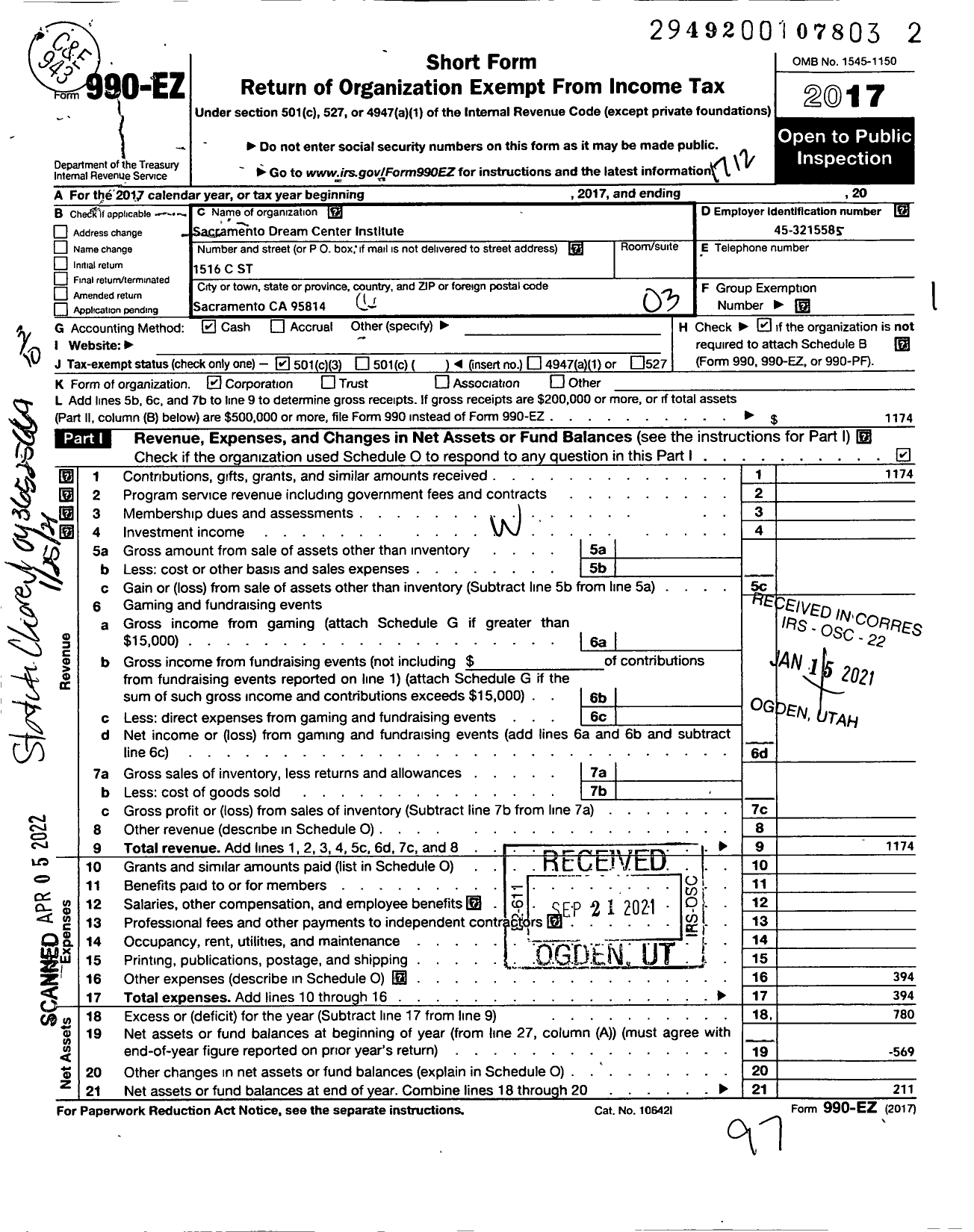 Image of first page of 2017 Form 990EZ for Sacramento Dream Center Institute