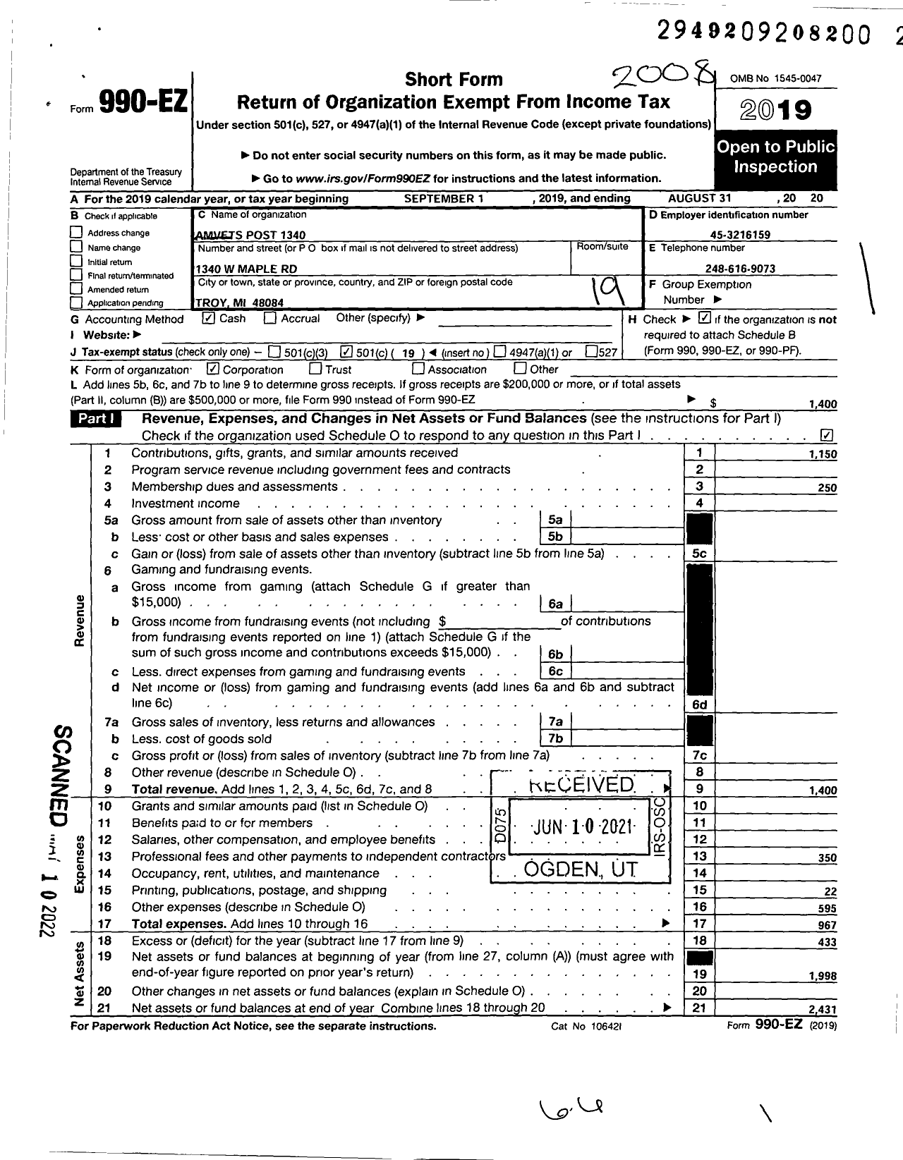 Image of first page of 2019 Form 990EO for Amvets Post 1340