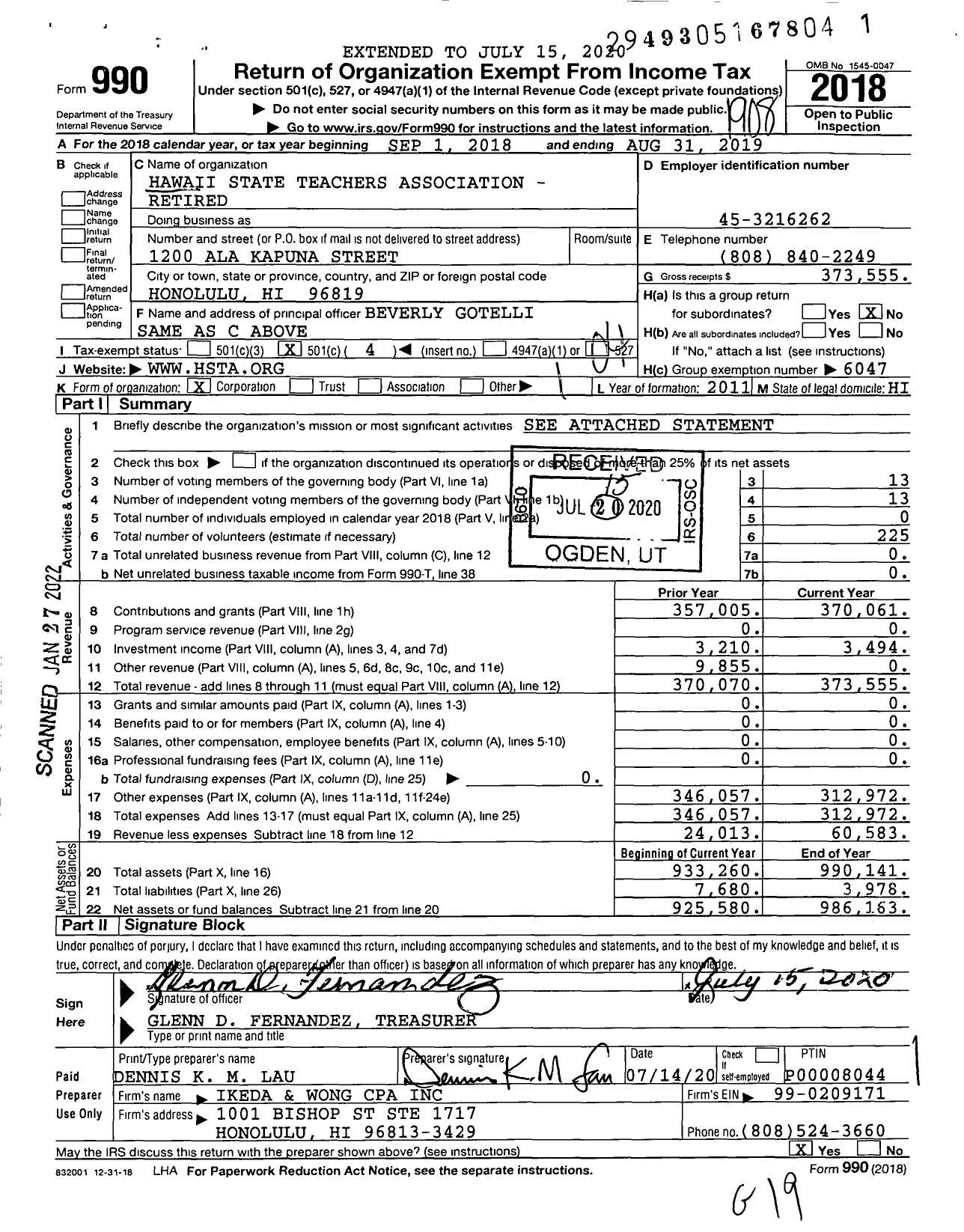 Image of first page of 2018 Form 990O for Hawaii State Teachers Association -retired