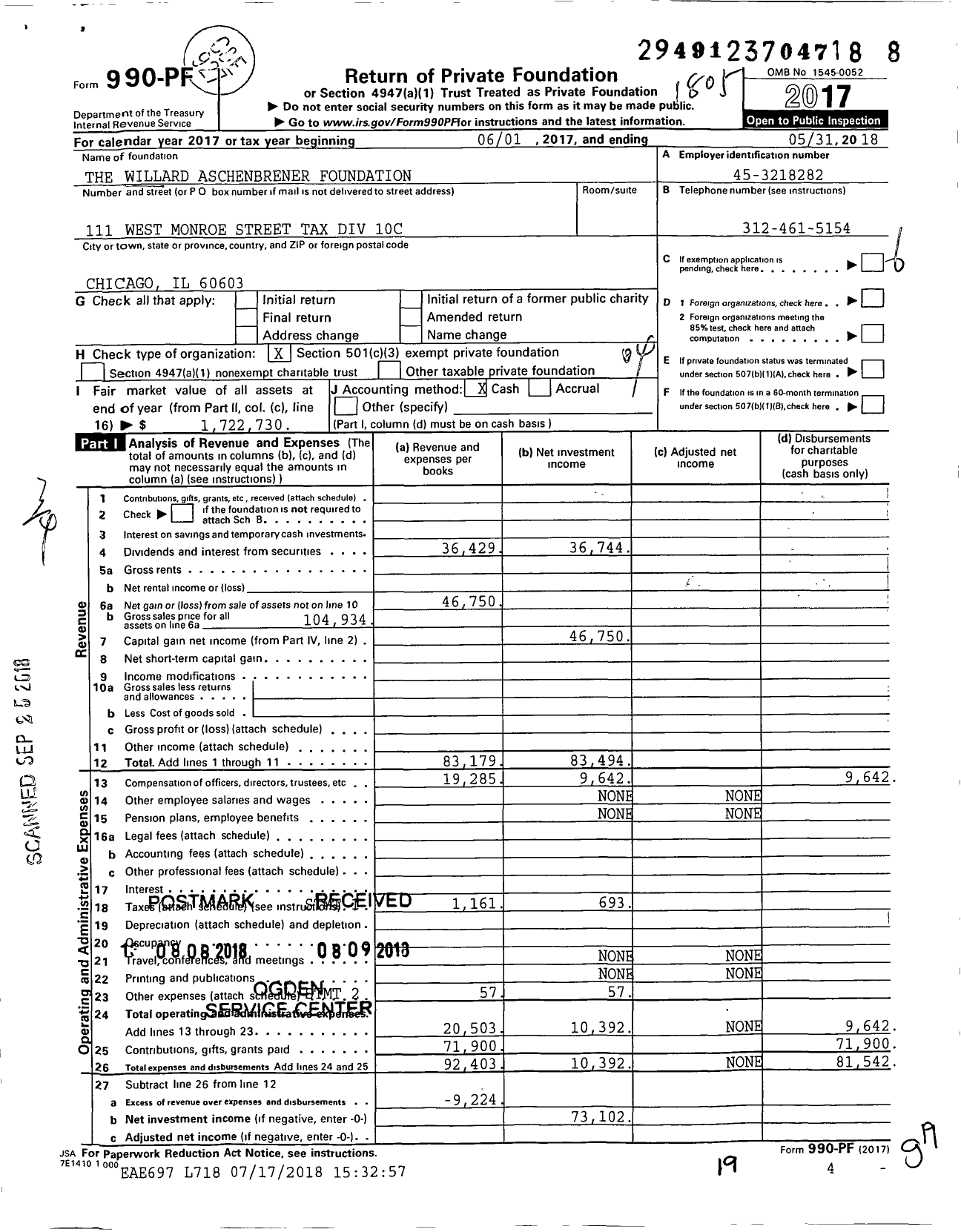 Image of first page of 2017 Form 990PF for The Willard Aschenbrener Foundation