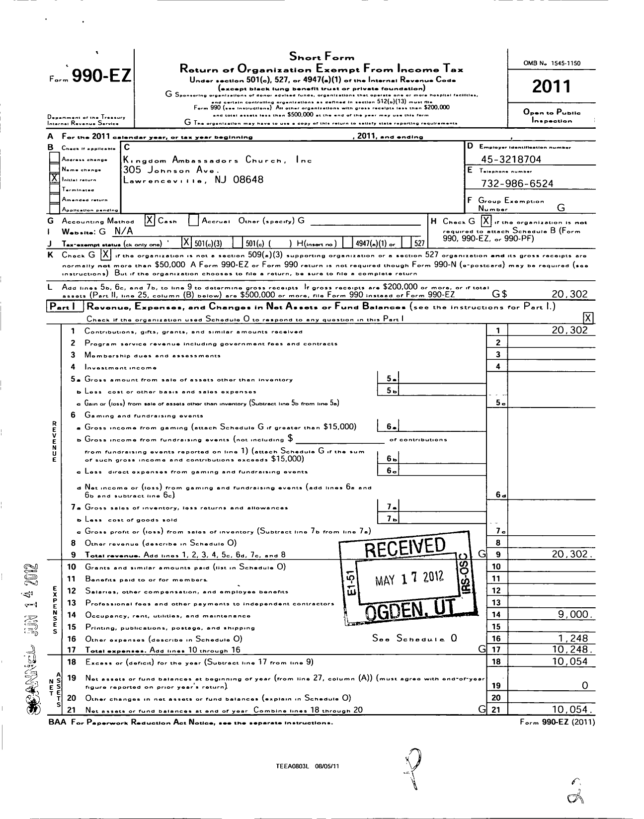 Image of first page of 2011 Form 990EZ for Kingdom Ambassadors Church