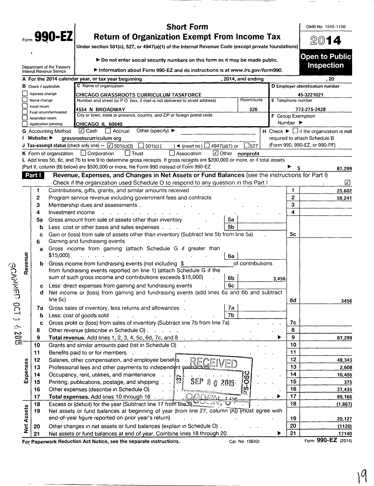 Image of first page of 2014 Form 990EZ for Chicago Grassroots Curriculum Taskforce