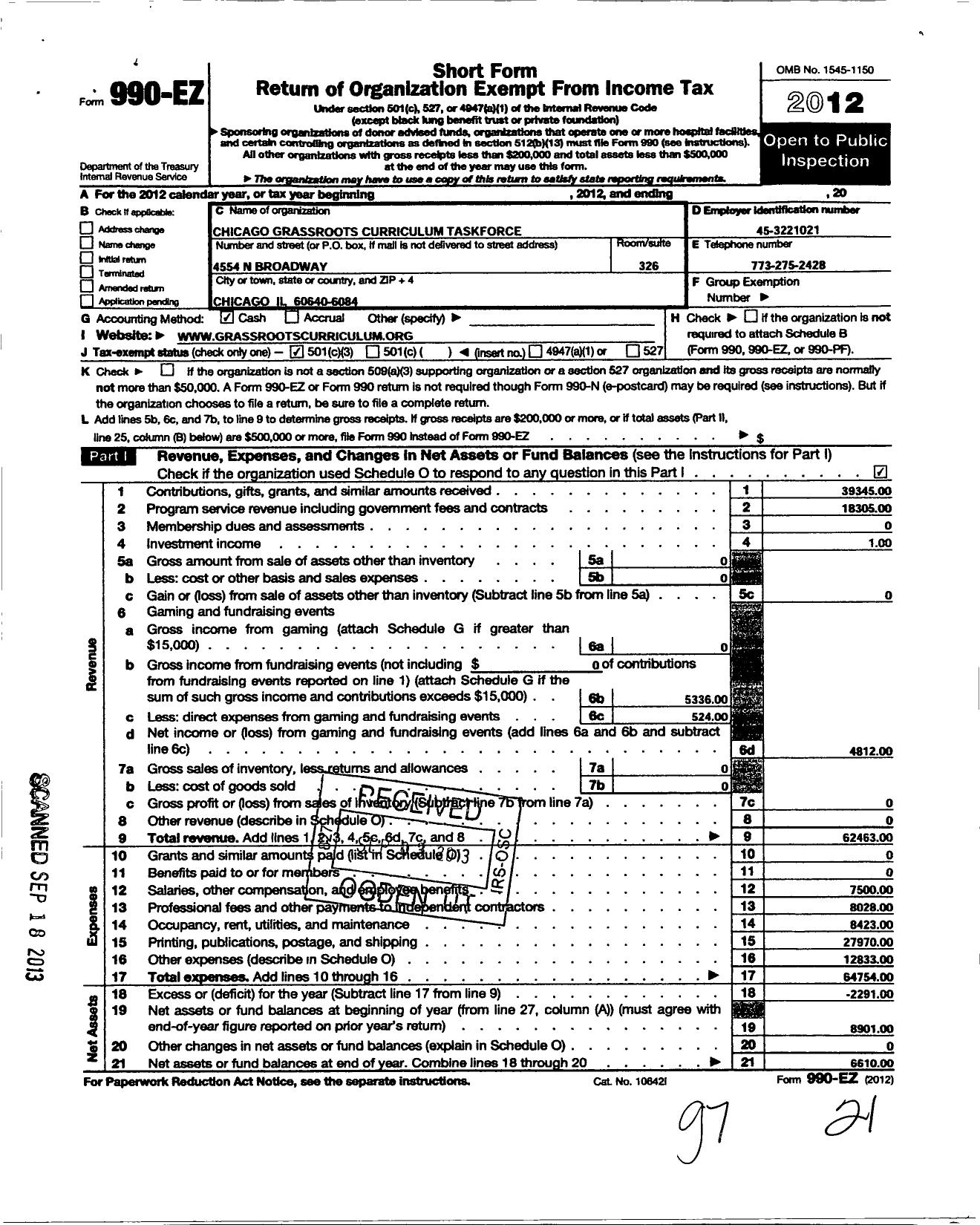 Image of first page of 2012 Form 990EZ for Chicago Grassroots Curriculum Taskforce